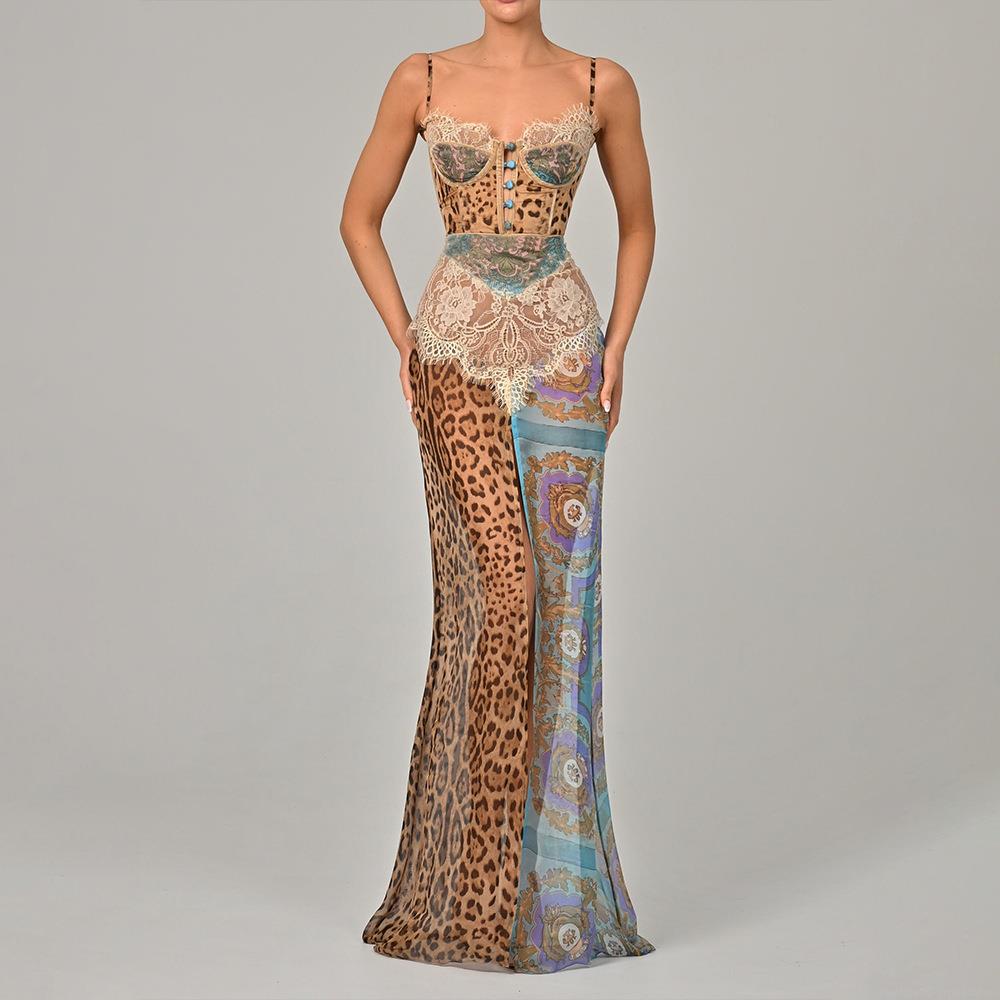 Women Leopard Baroque Print Patchwork Maxi Dress Sexy Lace Corset Top High Split Chiffon Long Dress For Summer Party Club Women Clothing