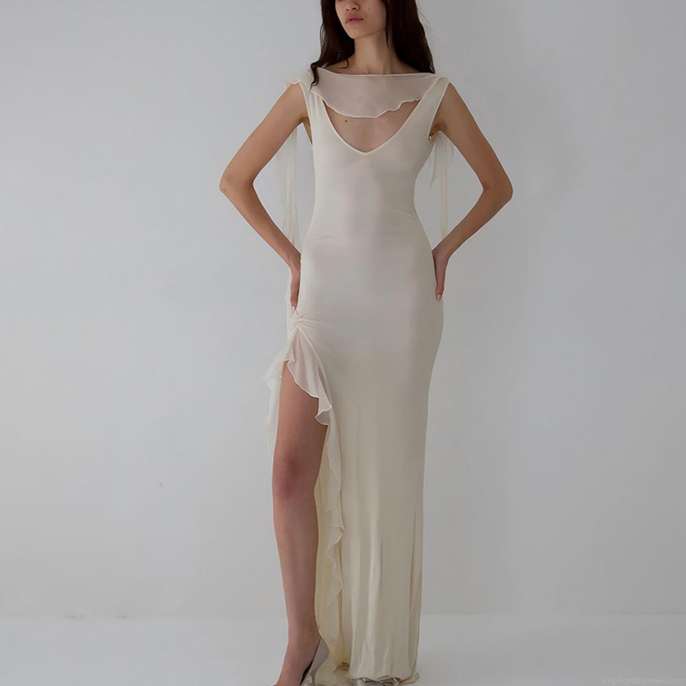 Women Sexy Backless Maxi Dress Ruffle Hem High Slit Streamer Elegant U-Neck Slim Fit Evening Party Gown Sleeveless Polyester Mesh Patchwork Long Dress for Streetwear