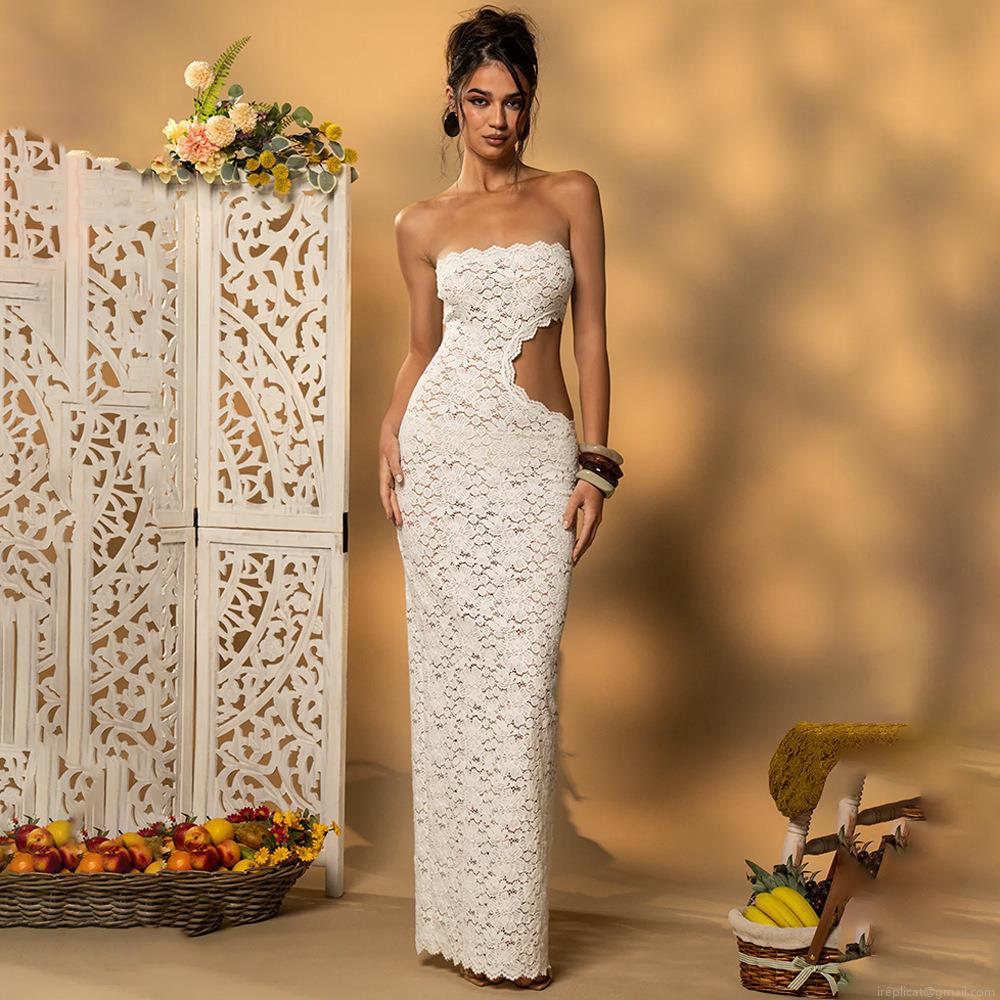 Sexy Feather Lace Strapless Maxi Dress For Women Hollow Out High Waist Backless Slit Long Dress Elegant Solid Evening Party Clubwear Bodycon Dress