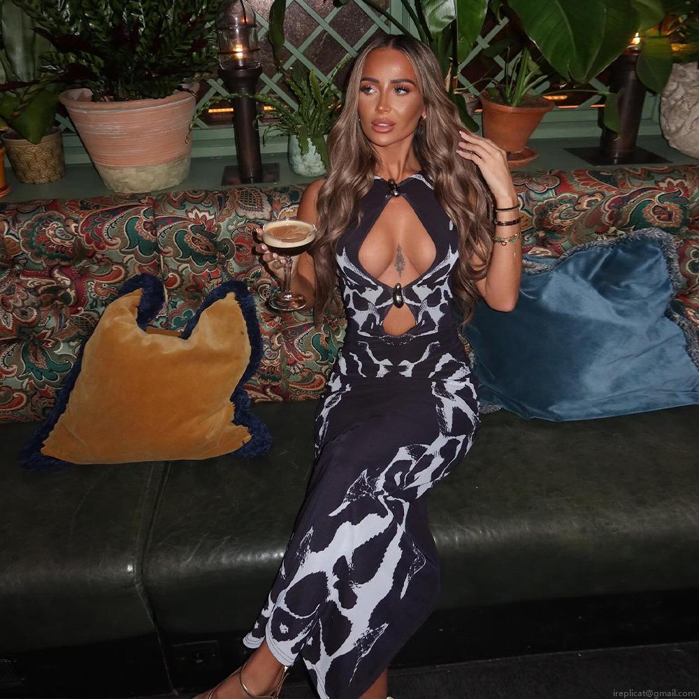 Women's Sexy Leopard Print Hollow Out Sleeveless Bodycon Maxi Dress Luxury Metal Ring Detail High Waist Night Club Party Long Dresses
