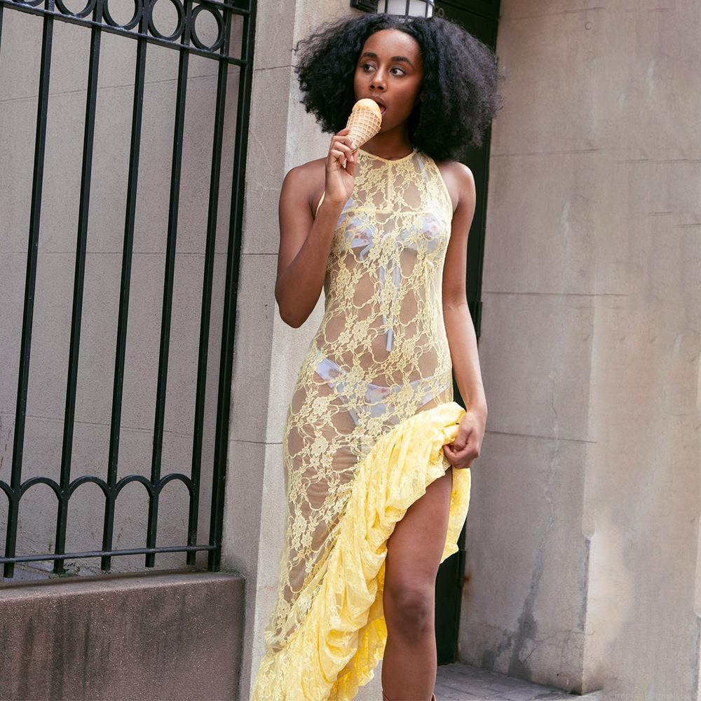 Women Sexy Lace See-through Maxi Dress Sleeveless Round Neck Irregular Ruffle Hem Summer Beach Vacation Party Long Dresses Solid Color Streetwear