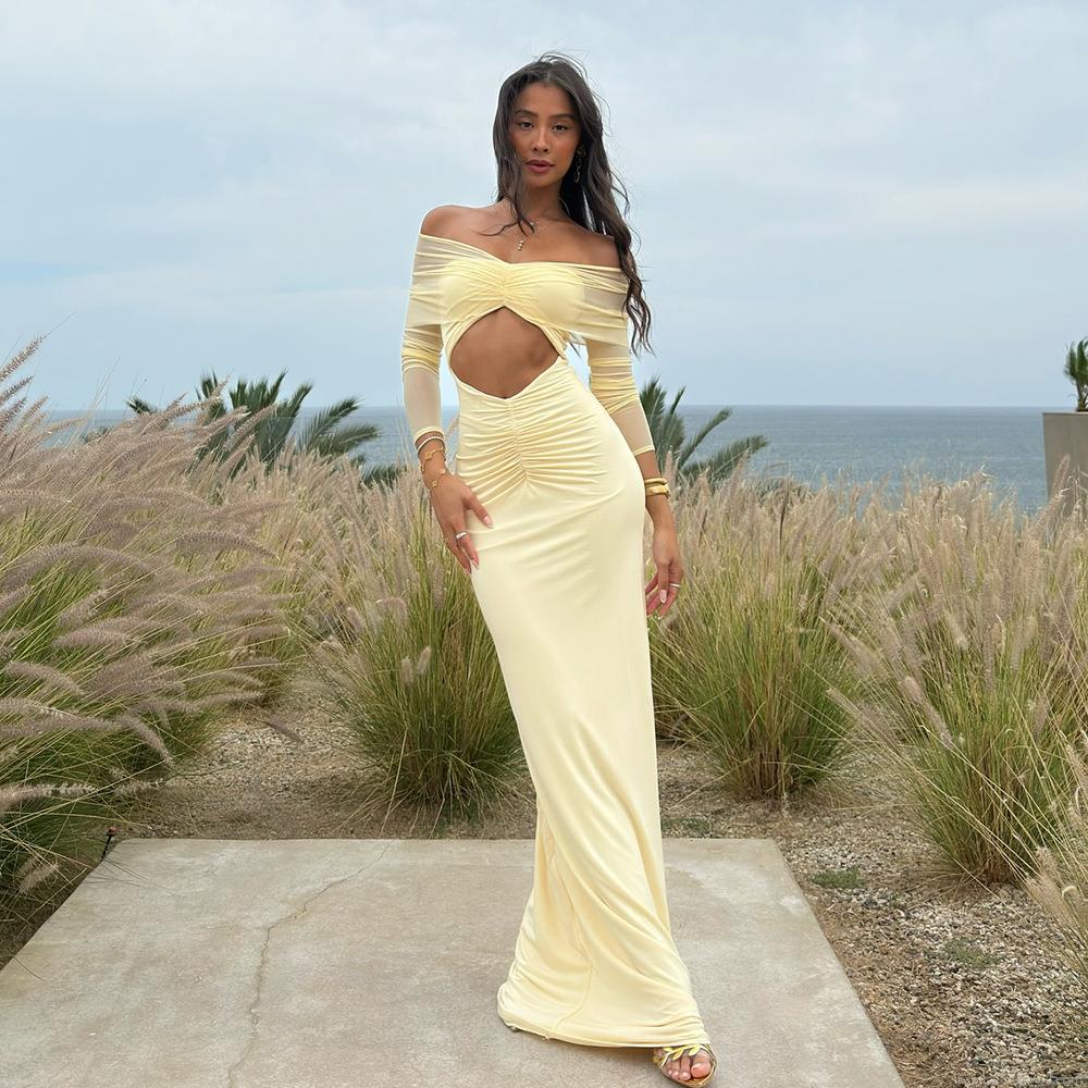Women's Sexy Off Shoulder Maxi Dress Hollow Out Mesh Splicing Long Sleeve Ruched Bodycon Party Clubwear Night Out Dress