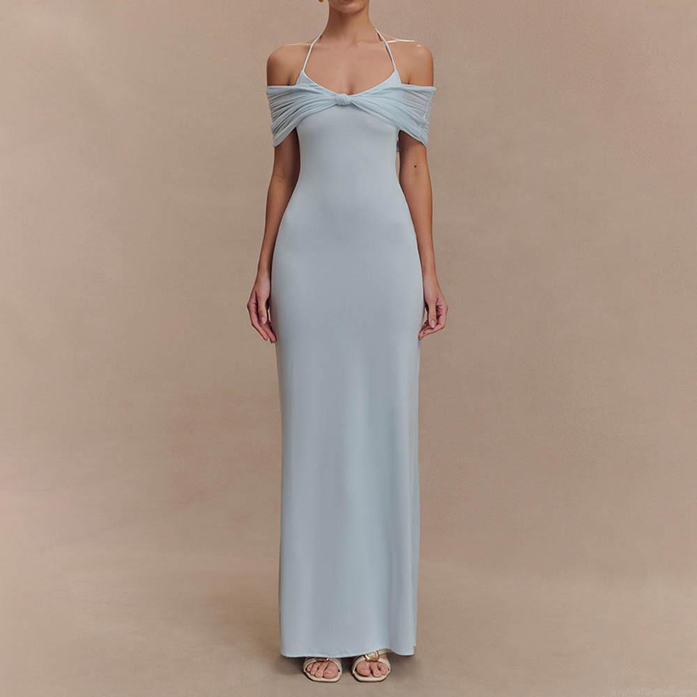 Sexy Halter Neck Off Shoulder Maxi Dress For Women Solid Color Backless Ruched Mesh Patchwork Bodycon Long Dress Elegant Evening Party Clubwear