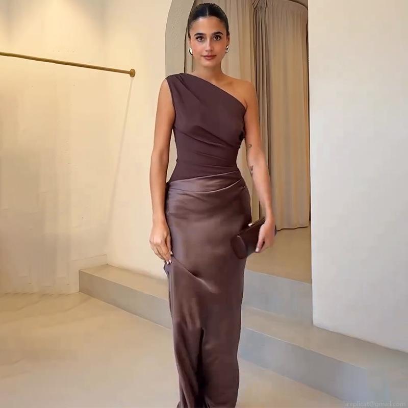 Elegant One-Shoulder Maxi Dress Satin And Milk Silk Patchwork Ruched Bodycon Sleeveless Long Gown For Women Sexy Evening Banquet Party Club