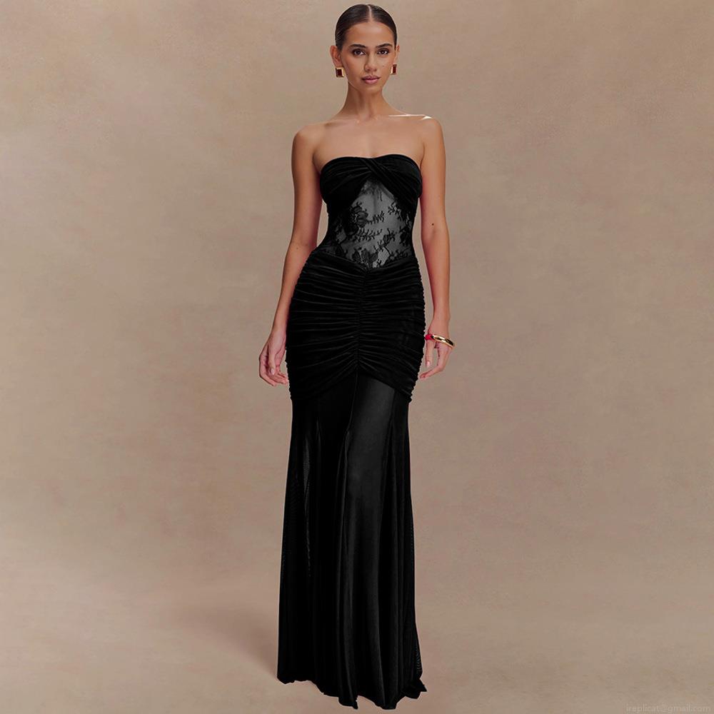 Sexy Strapless Maxi Dress For Women Lace Mesh Splicing Ruched Bodycon Floor Length Fishtail Evening Party Dress Elegant Summer Streetwear Long Dress