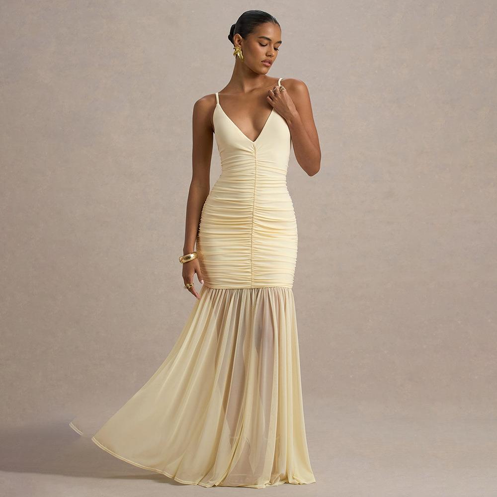 Women Sexy Deep V Neck Ruched Maxi Dress Elegant Backless Mesh Patchwork Fishtail Evening Gown For Party Wedding Formal Occasions