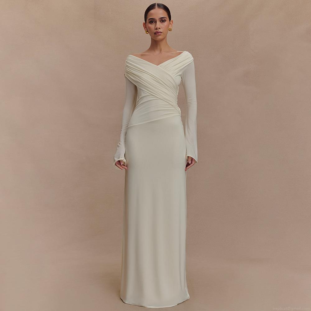 Women's Sexy V-Neck Ruched Maxi Dress Elegant Off-Shoulder Long Sleeve Bodycon Evening Party Long Dress Solid Color Milk Silk Slim Fit Clubwear