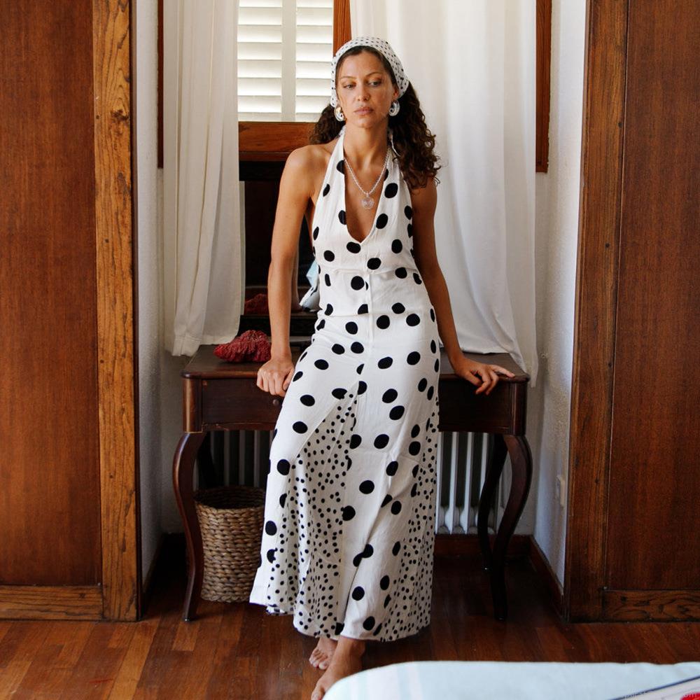 Women's Sexy Backless Halter Maxi Dress Polka Dot Floral Print Deep V Neck Sleeveless Polyester Bodycon Long Dress For Summer Beach Party Vacation