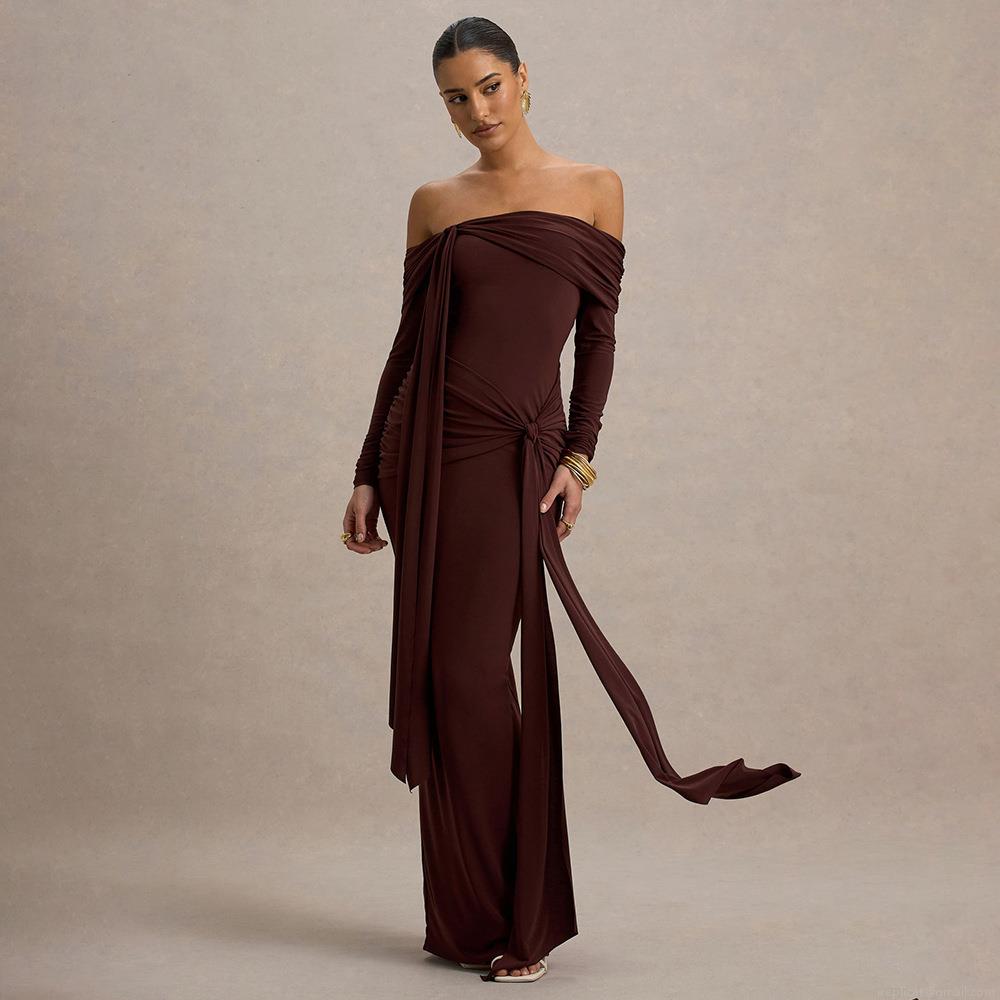 Elegant Off-The-Shoulder Ruched Maxi Dress Polyester Spandex Slim Fit Long Sleeve Drape Evening Gown Party Streetwear For Women