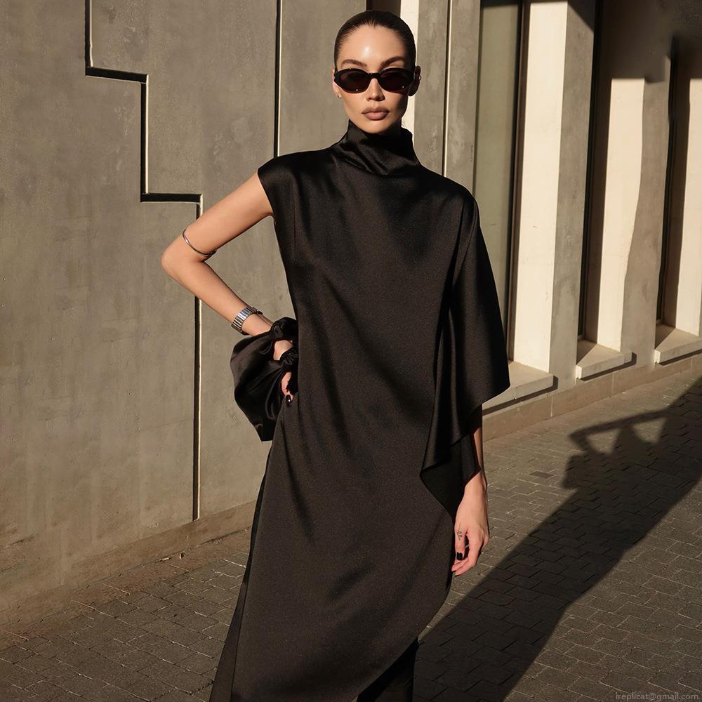 Elegant Asymmetrical Satin Maxi Dress Women Sexy Sleeveless Mock Neck Party Evening Gown Plain Color High Waist Irregular Hem Cocktail Dress