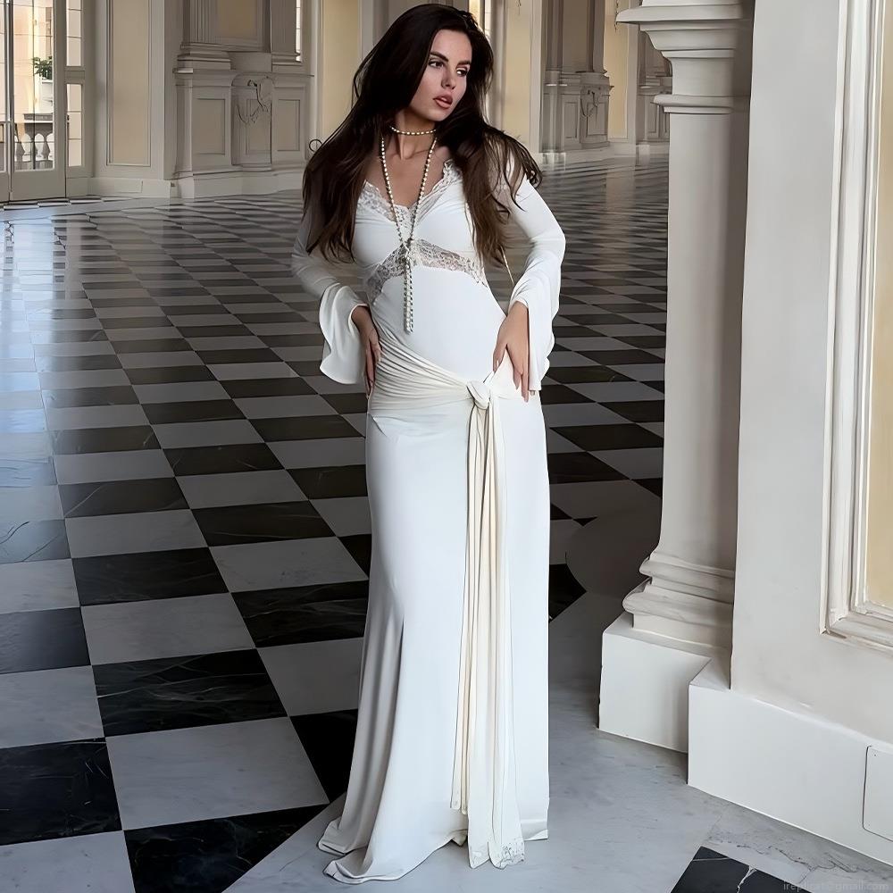Women Sexy Backless V-Neck Ruched Maxi Dress Elegant Lace Patchwork Bell Sleeve Slim Fit Bodycon Long Skirt Evening Party Clubwear
