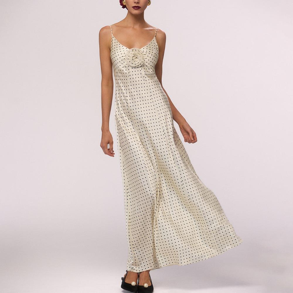 Sexy Backless Polka Dot Maxi Dress For Women Summer Satin Spaghetti Strap Long Dress With 3D Flower Decoration Party Beach Vacation Streetwear