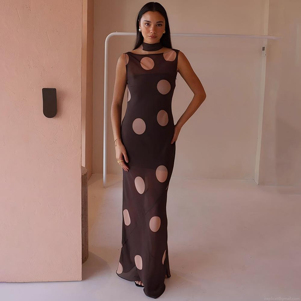 Women Sexy Backless Polka Dot Maxi Dress Sleeveless Halter Mesh Bodycon Long Dress With Streamer For Summer Beach Party Vacation