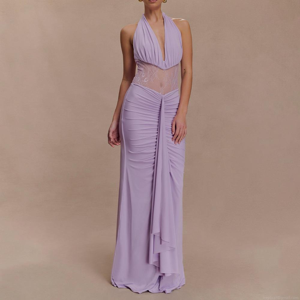 Women Elegant Deep V-Neck Halter Maxi Dress With Lace Hollow Waist Sexy Backless Pleated Long Evening Party Dress For Lady Polyester Spandex Lace