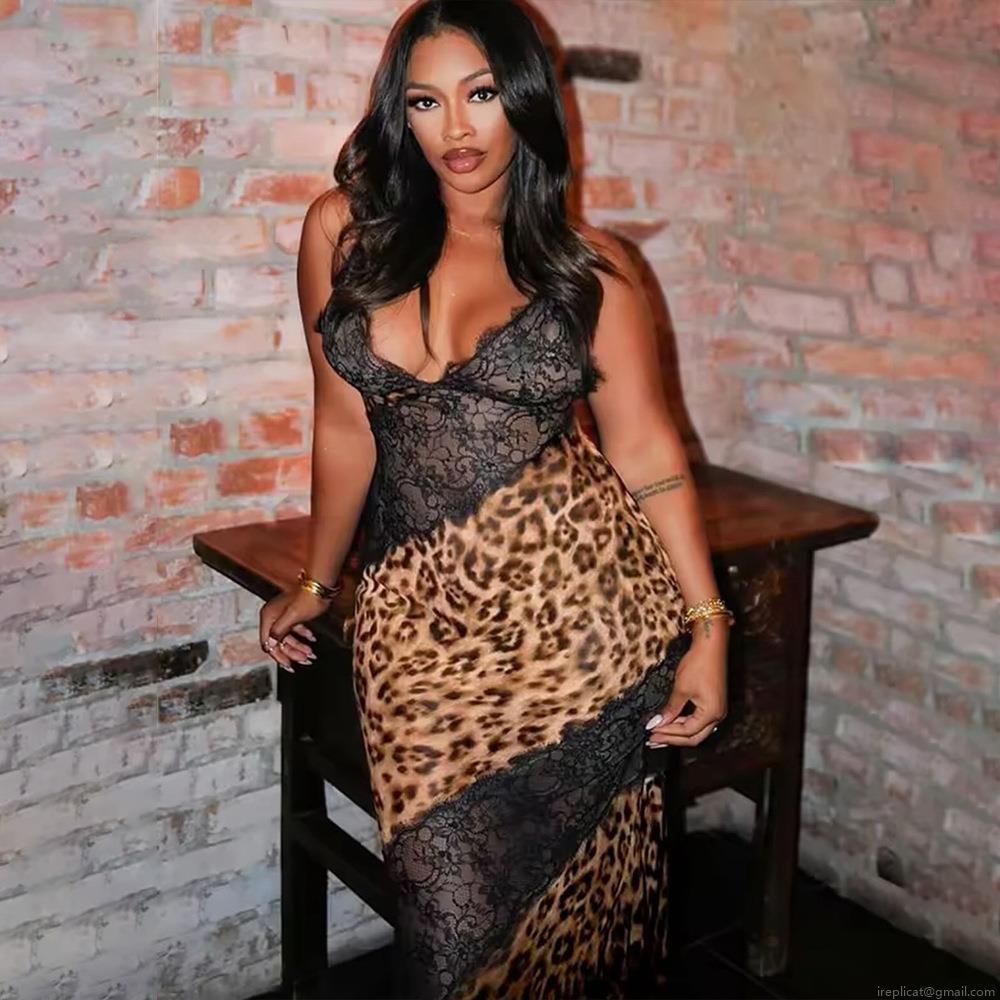 Sexy Leopard Print Lace Stitching Maxi Cami Dress Women V Neck Sleeveless Chiffon Patchwork Long Dress Party Clubwear Night Out Streetwear