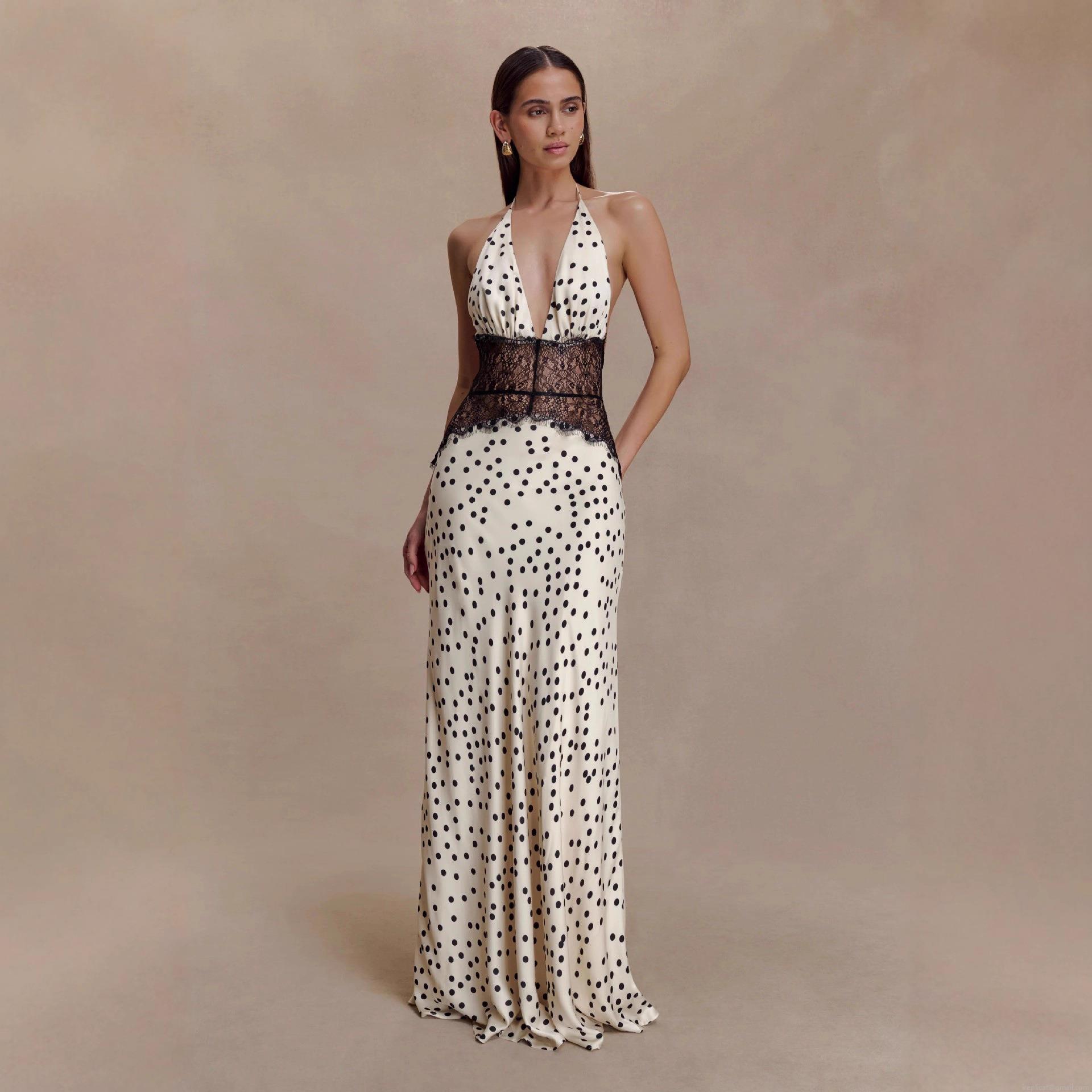 Women's Sexy Halter Neck Backless Maxi Dress Polka Dot Print Lace Splicing Satin Long Evening Party Dress Elegant High Waist Slim Fit Sleeveless Dress