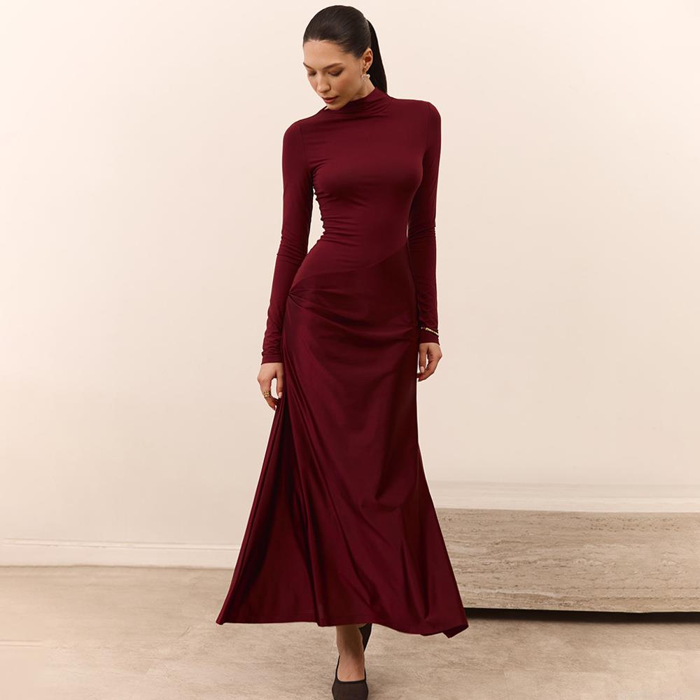 Women Sexy Long Sleeve Mock Neck Patchwork Maxi Dress Elegant Slim Fit Ruching Satin Milk Silk Bodycon Club Party Evening Long Dress
