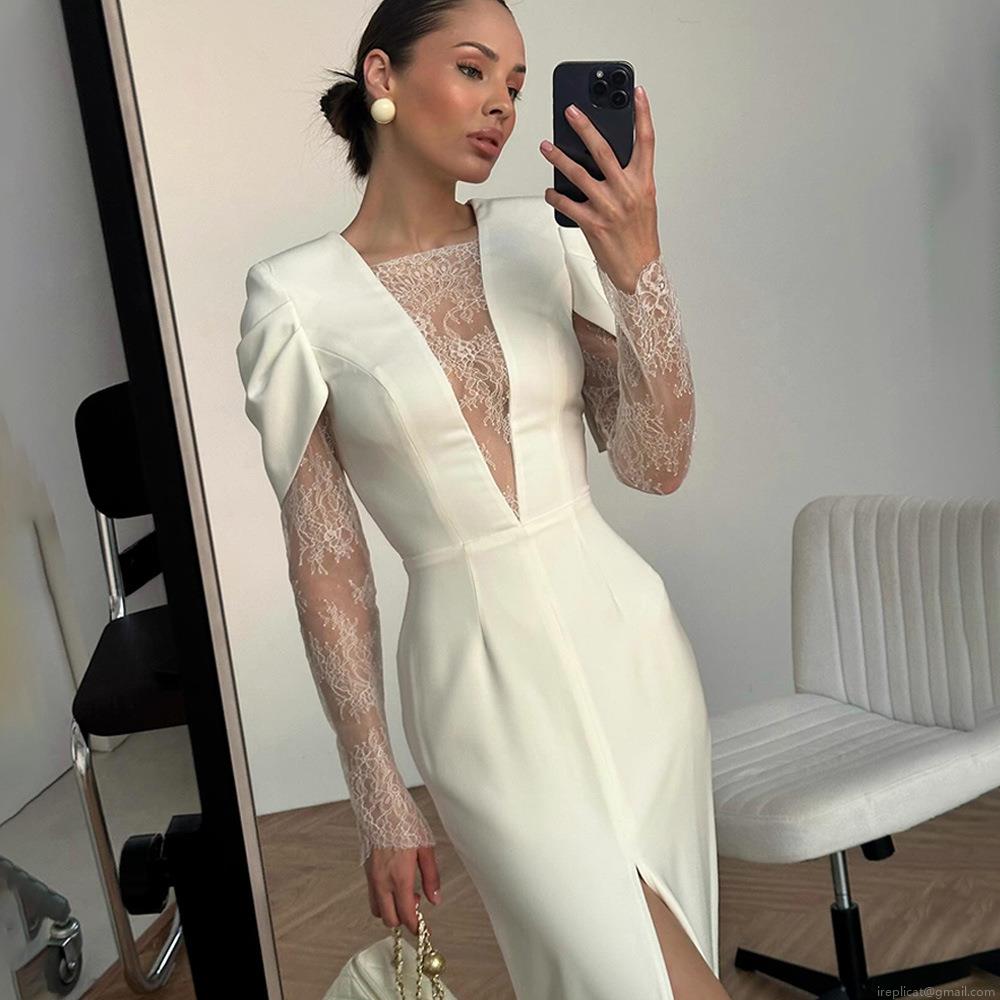 Sexy Lace Patchwork Maxi Dress Deep V-Neck Long Sleeve Cutout Bodycon Long Dress with Side Slit for Women Evening Party Elegant Slim Fit Clubwear