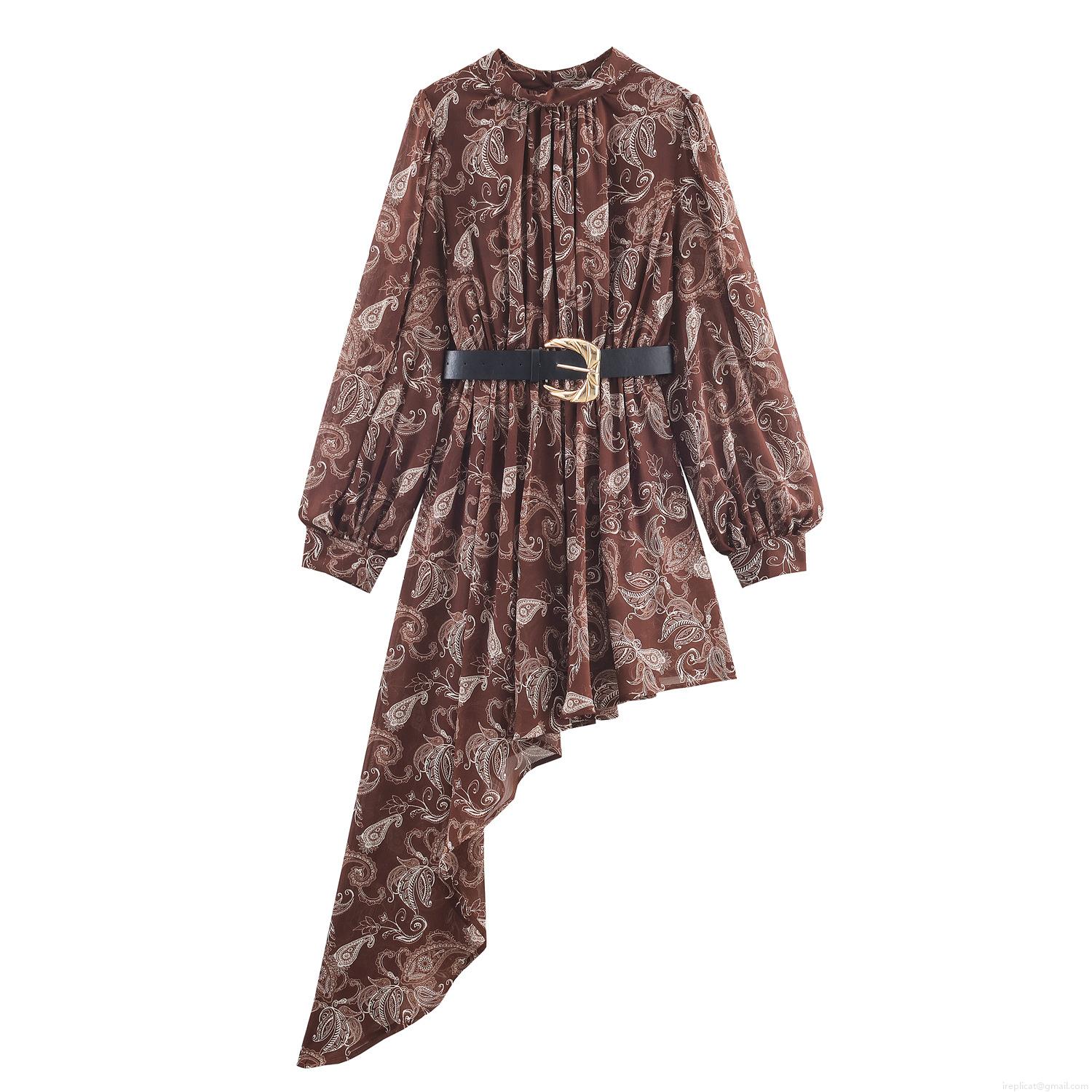 Women's Bohemian Paisley Print Chiffon Maxi Dress with Belt Elegant High Neck Lantern Sleeve Asymmetric Hem Long Dress for Party Vacation
