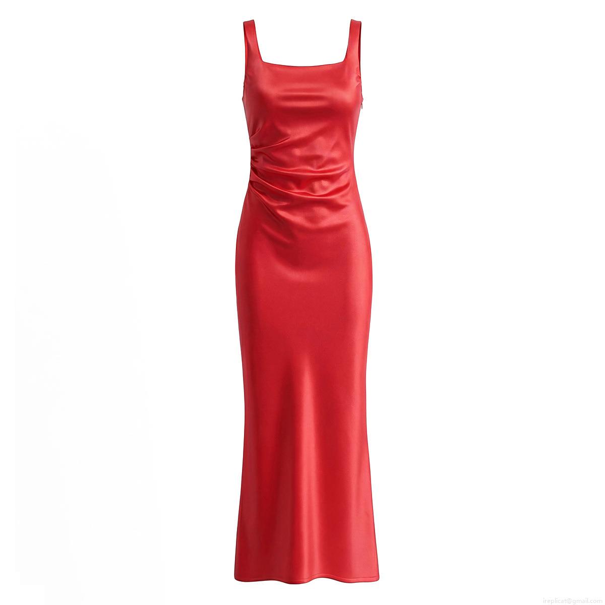 Women's Sexy Fishtail Satin Evening Dress Back Lace-up Maxi Gown Sleeveless Square Neck Ruched Bodycon Dress for Party Banquet Wedding