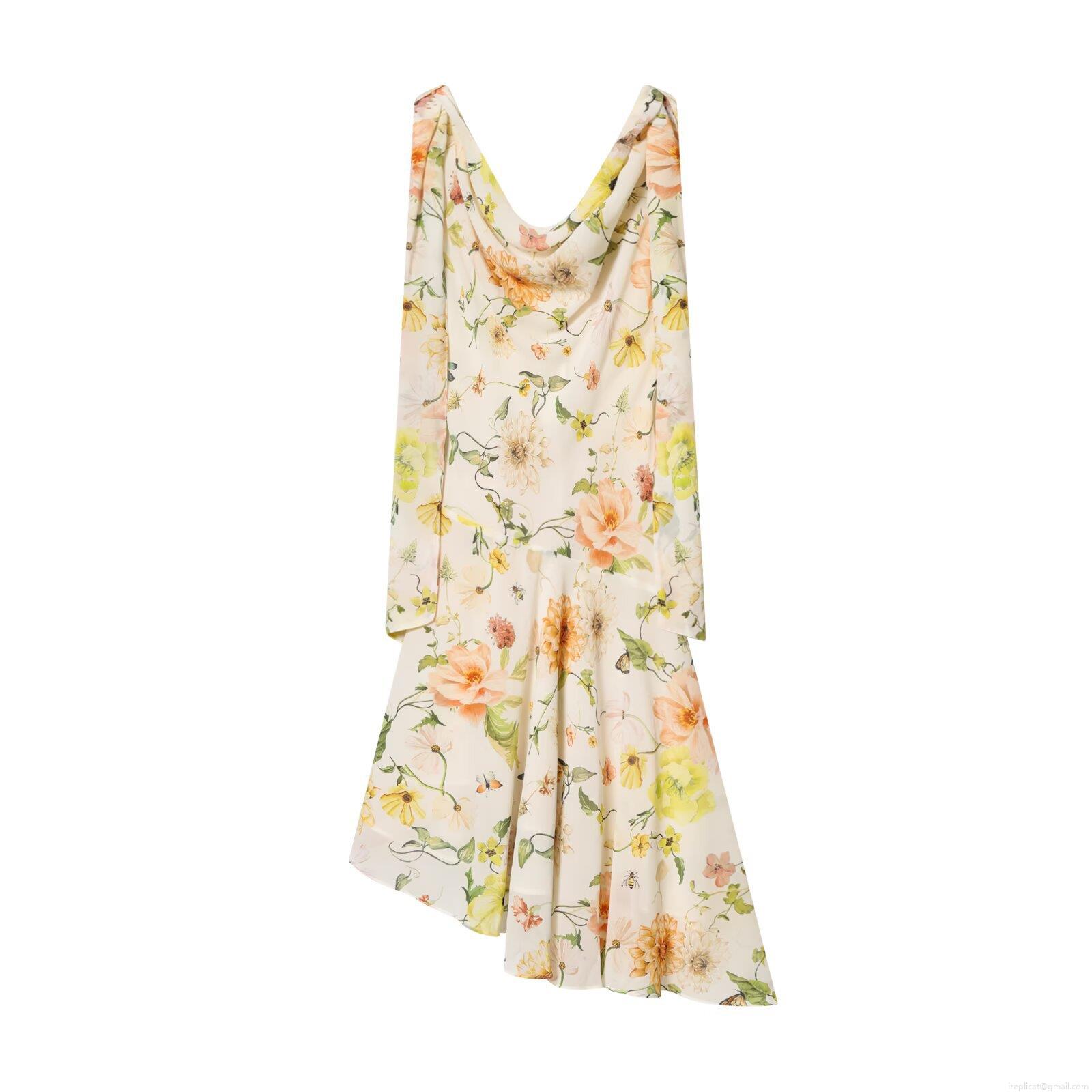 Elegant Cowl Neck Sleeveless Floral Print Irregular Hem Maxi Dress For Women Graceful Summer Vacation Polyester Long Dress Party Evening Wear