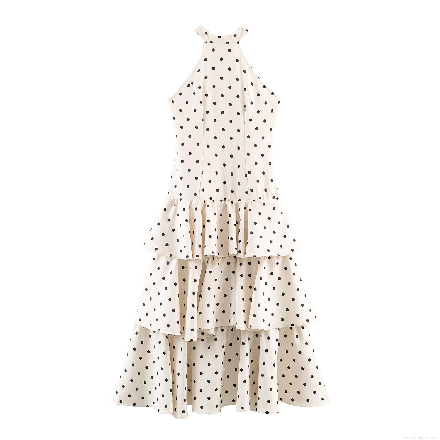 Women's Elegant Polka Dot Tiered Cake Maxi Dress Halter Neck Sleeveless Ruffle Long Dress For Party Banquet Summer