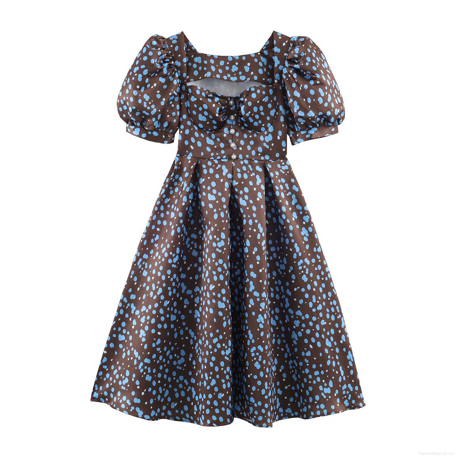 Elegant Acetate Satin Polka Dot Maxi Dress For Women Retro Square Neck Puff Sleeve Party Long Dress With Slit And Pearl Buttons