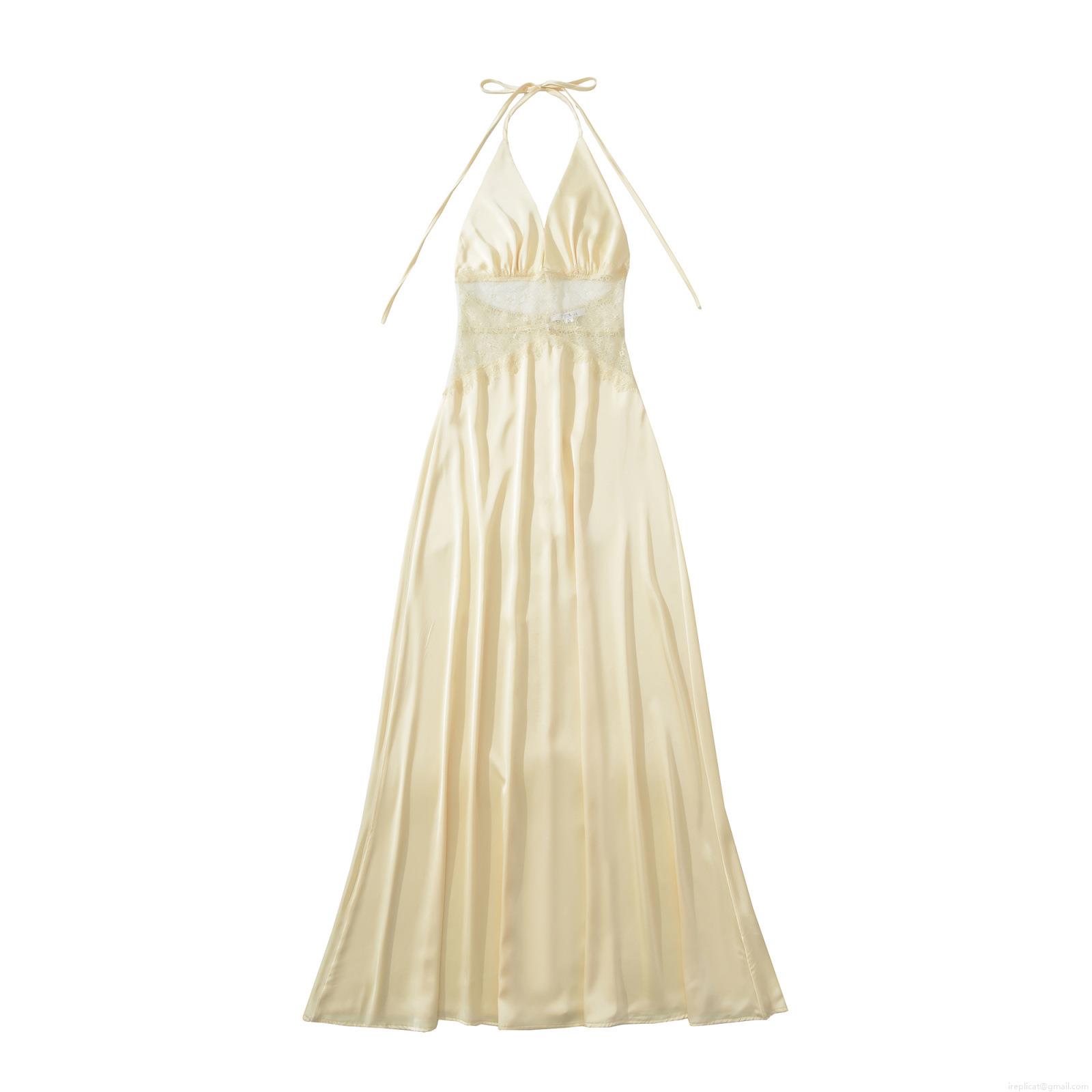 Women's Sexy Backless V-Neck Satin Maxi Dress Lace Patchwork Halter Sleeveless Slim Fit Bodycon Evening Party Long Dress