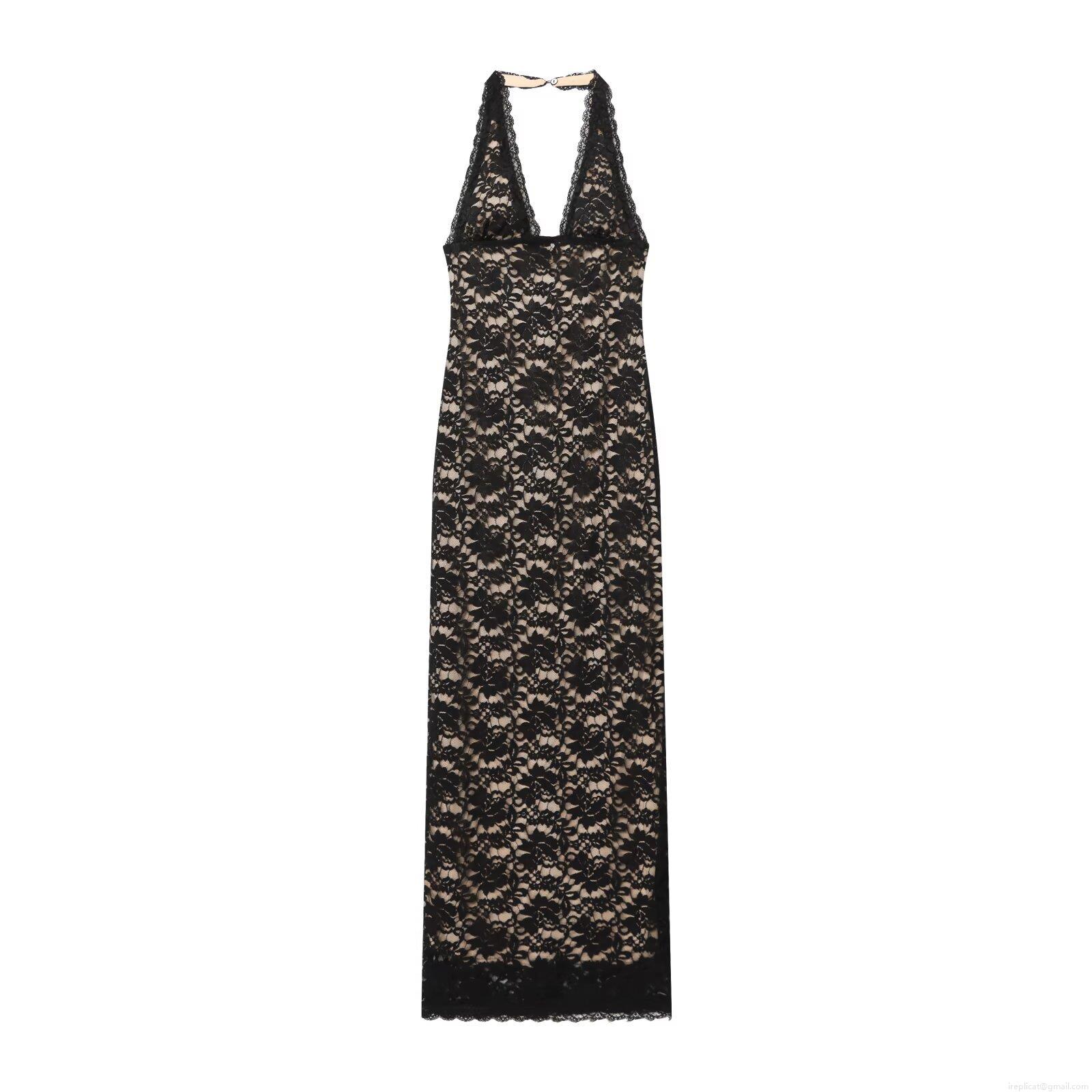 Women Sexy Lace Halter Backless Maxi Dress Slim Fit Polyester Deep V Neck Sleeveless Slit Long Dress For Evening Party Banquet Night Out
