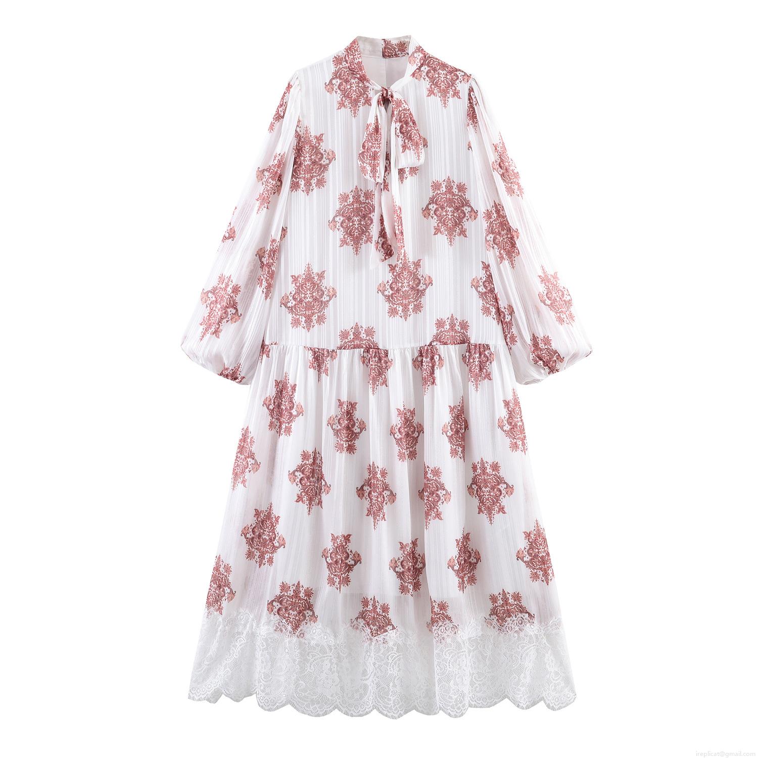 Women's Bohemian Print Maxi Dress Elegant Paisley Lantern Sleeve Pleated Lace Patchwork Long Dress Casual Vocation Party Wear
