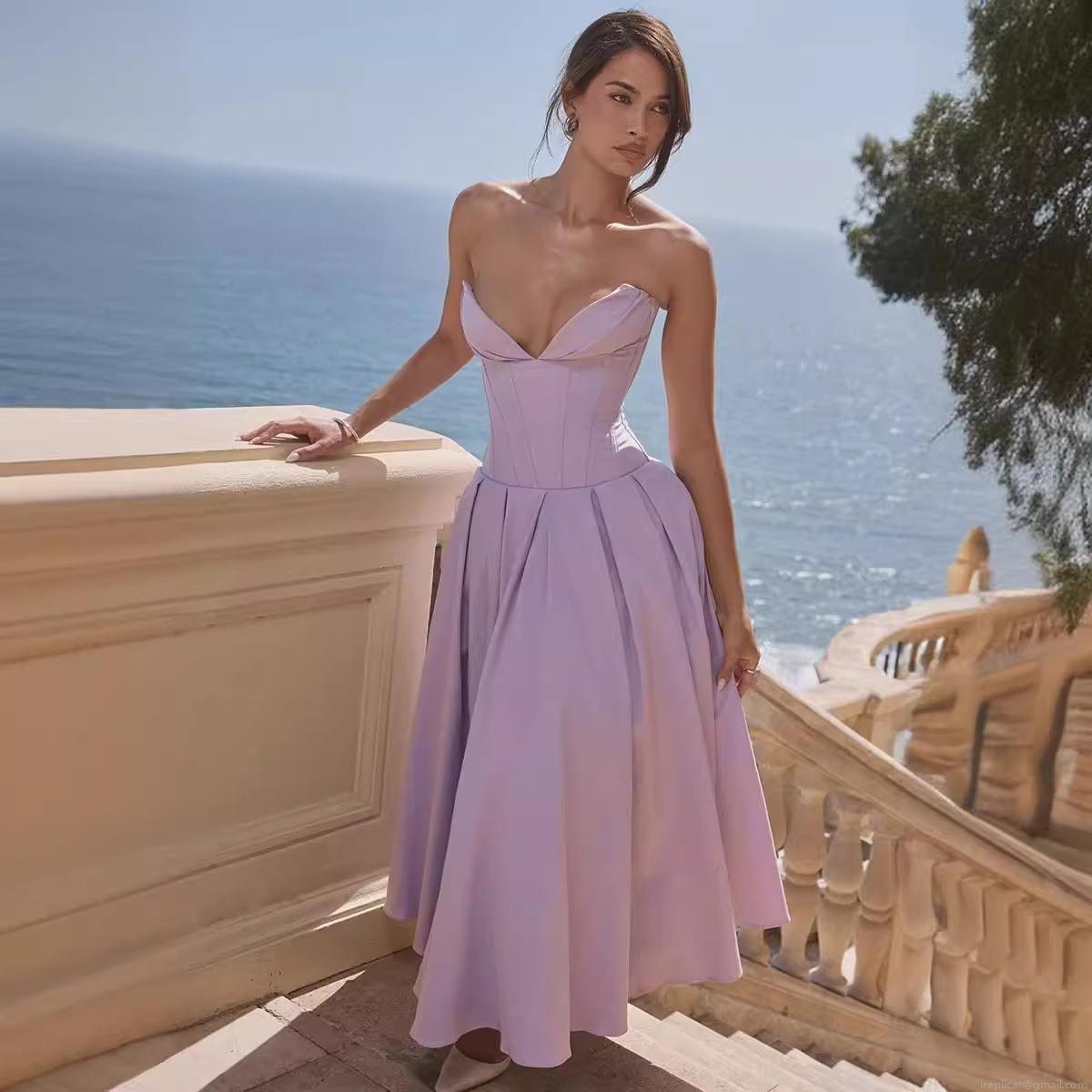 Elegant Strapless Corset Maxi Dress Women Sexy Fishbone Bustier Shirred Bodice Evening Party Wedding Guest Long Dress Polyester Lavender Yellow Red Black