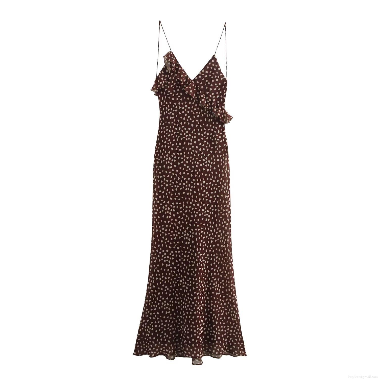 Women Sexy Spaghetti Strap Maxi Dress Chiffon Polka Dot Backless Ruffle V Neck High Waist Fish Tail Long Sun Dress for Summer Party Vacation