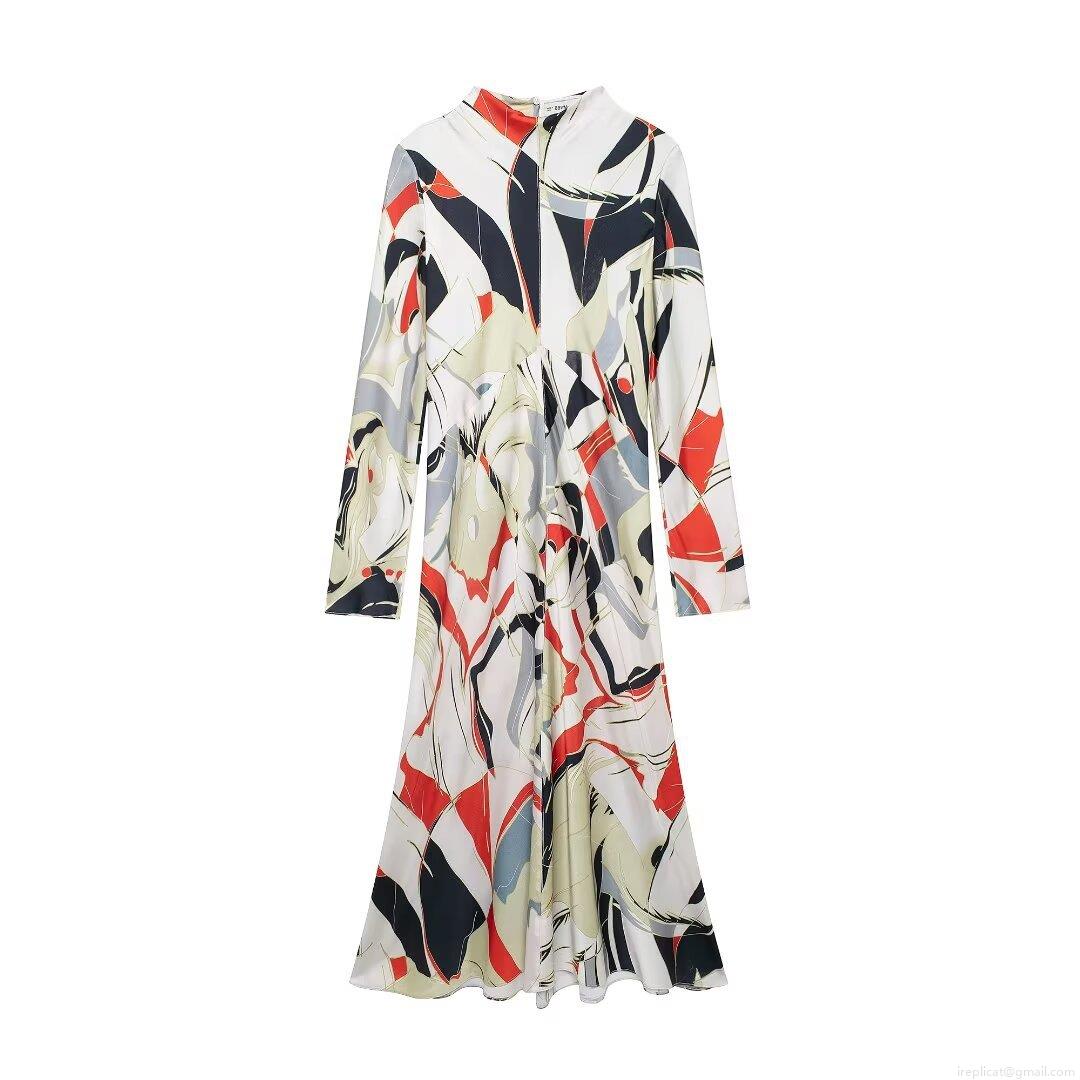 Elegant Satin Maxi Dress For Women Geometric Abstract Print Long Sleeve Turn-down Collar High Waist Cinching Shirt Dress Urban Office Style Autumn Fashion Outfit