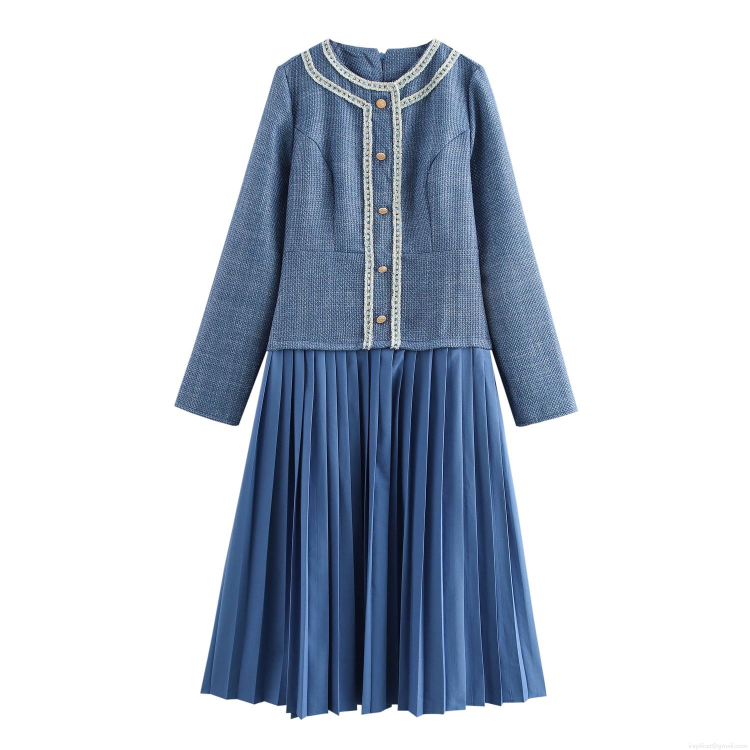 Elegant French Style Tweed Pleated Maxi Dress Long Sleeve Round Neck Fake Two-Piece Design With Gold Buttons And Fringe Trim Polyester Gown For Women Party Event