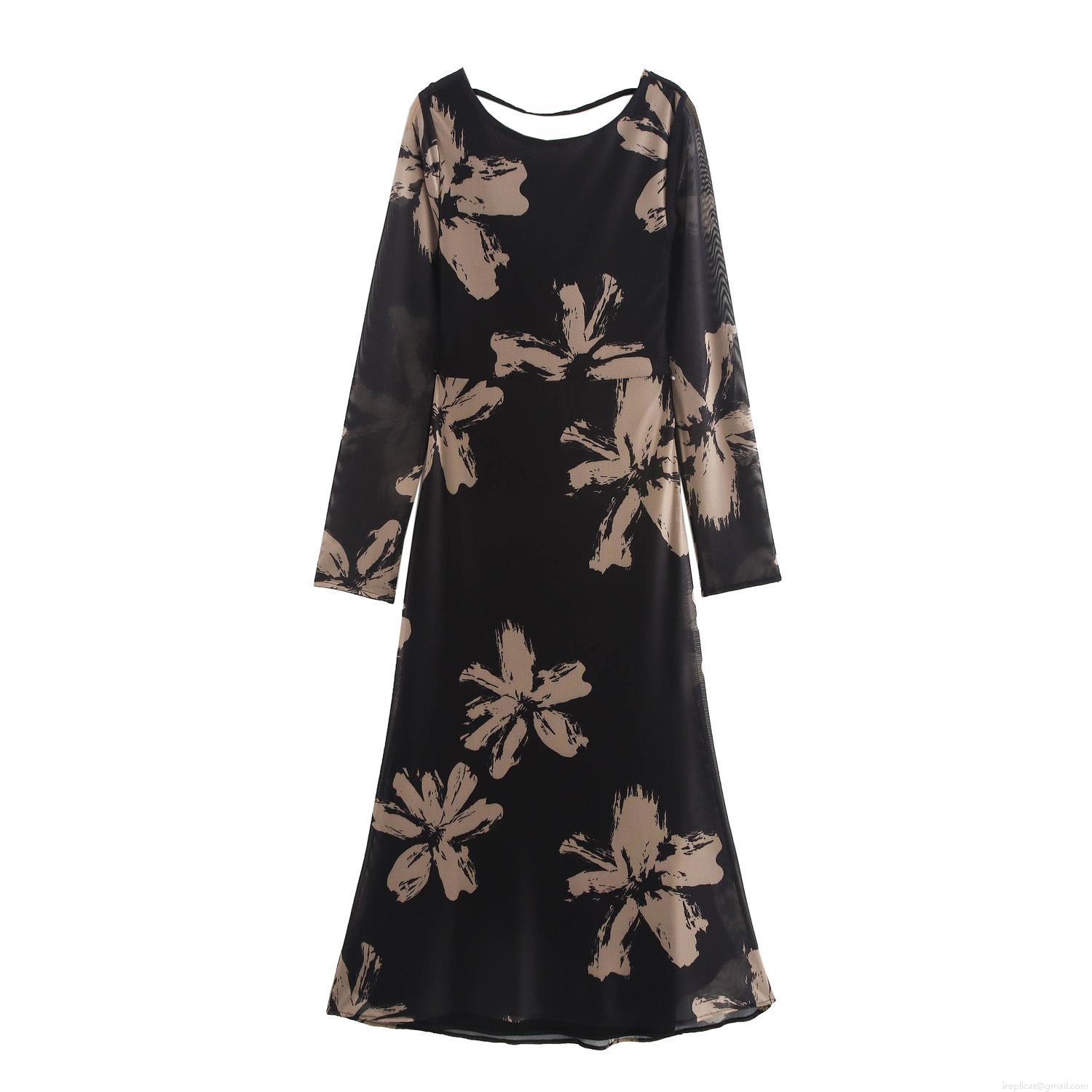 Women's Sexy Backless Mesh Maxi Dress Floral Print Cowl Neck Long Sleeve Bodycon Long Dress Elegant Evening Party Clubwear Slim Fit Gown