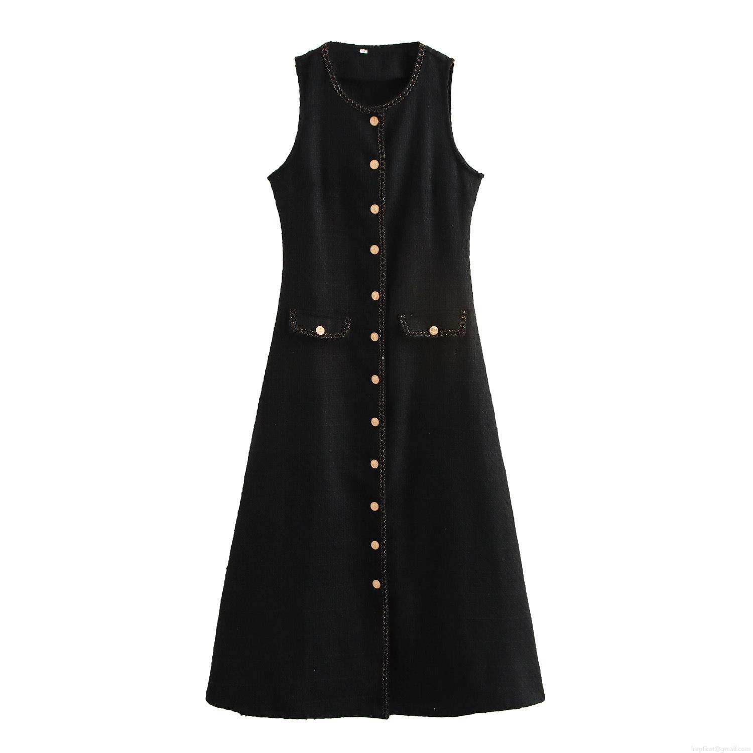 Elegant French Style Sleeveless Tweed Maxi Dress For Women Round Neck Single Breasted Gold Button A-Line Long Dress For Party Office Daily Wear
