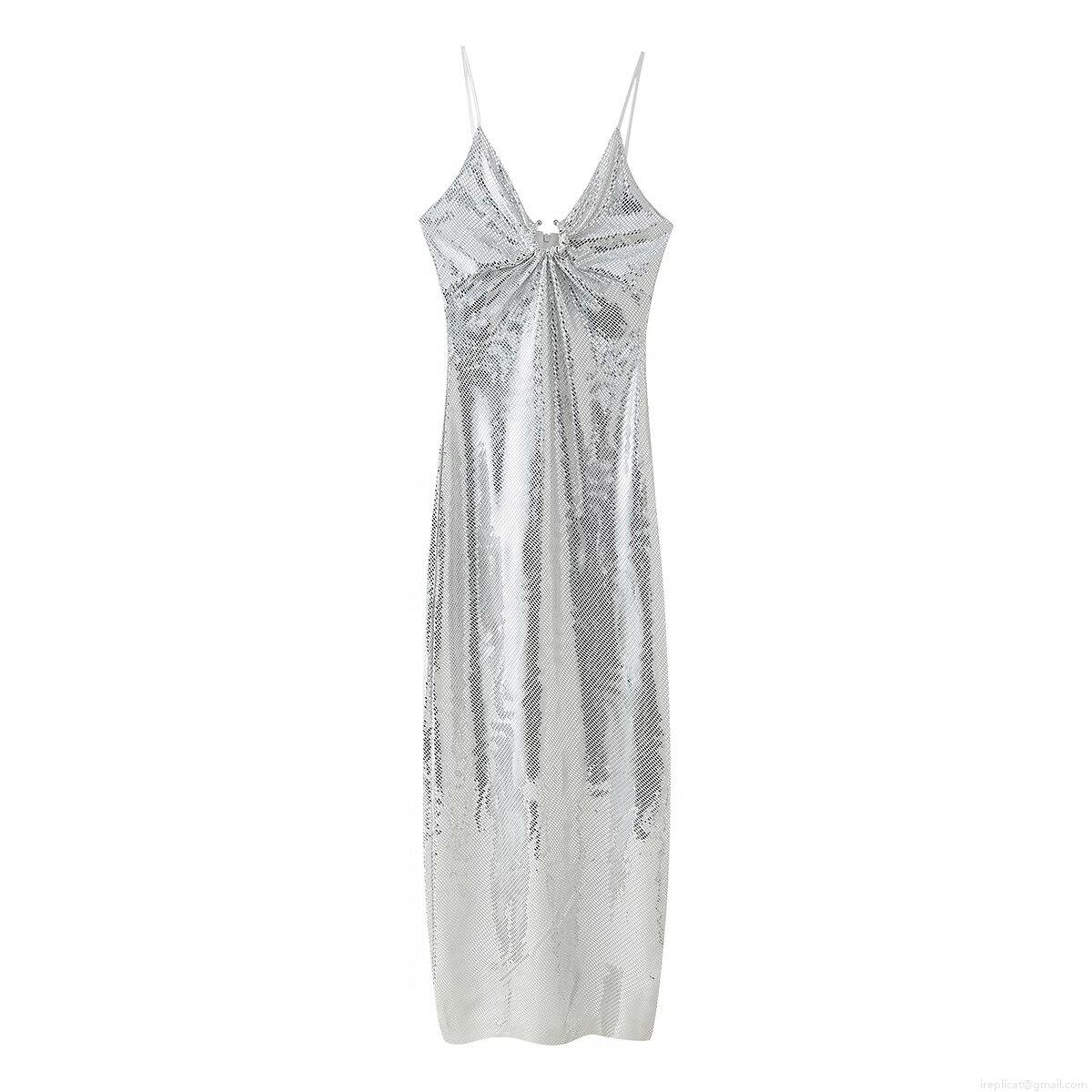 Women's Sexy Silver Sequin Maxi Dress Hollow Out V Neck Sleeveless Bodycon Party Evening Formal Dress Long Gown