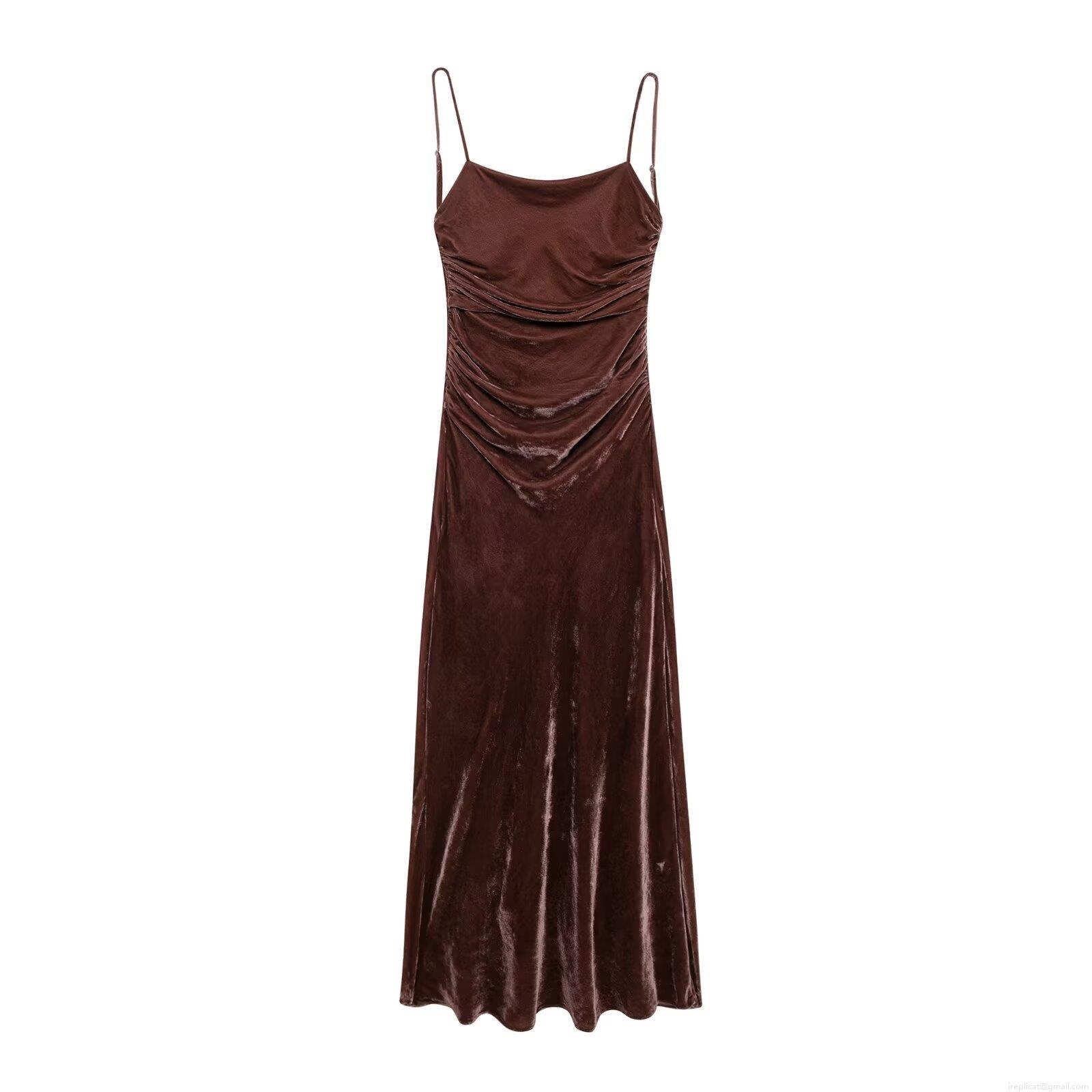 Women's Sexy Backless Velvet Pleated Camisole Dress Slim Fit Spaghetti Strap Long Maxi Bodycon Dresses For Party Club Evening