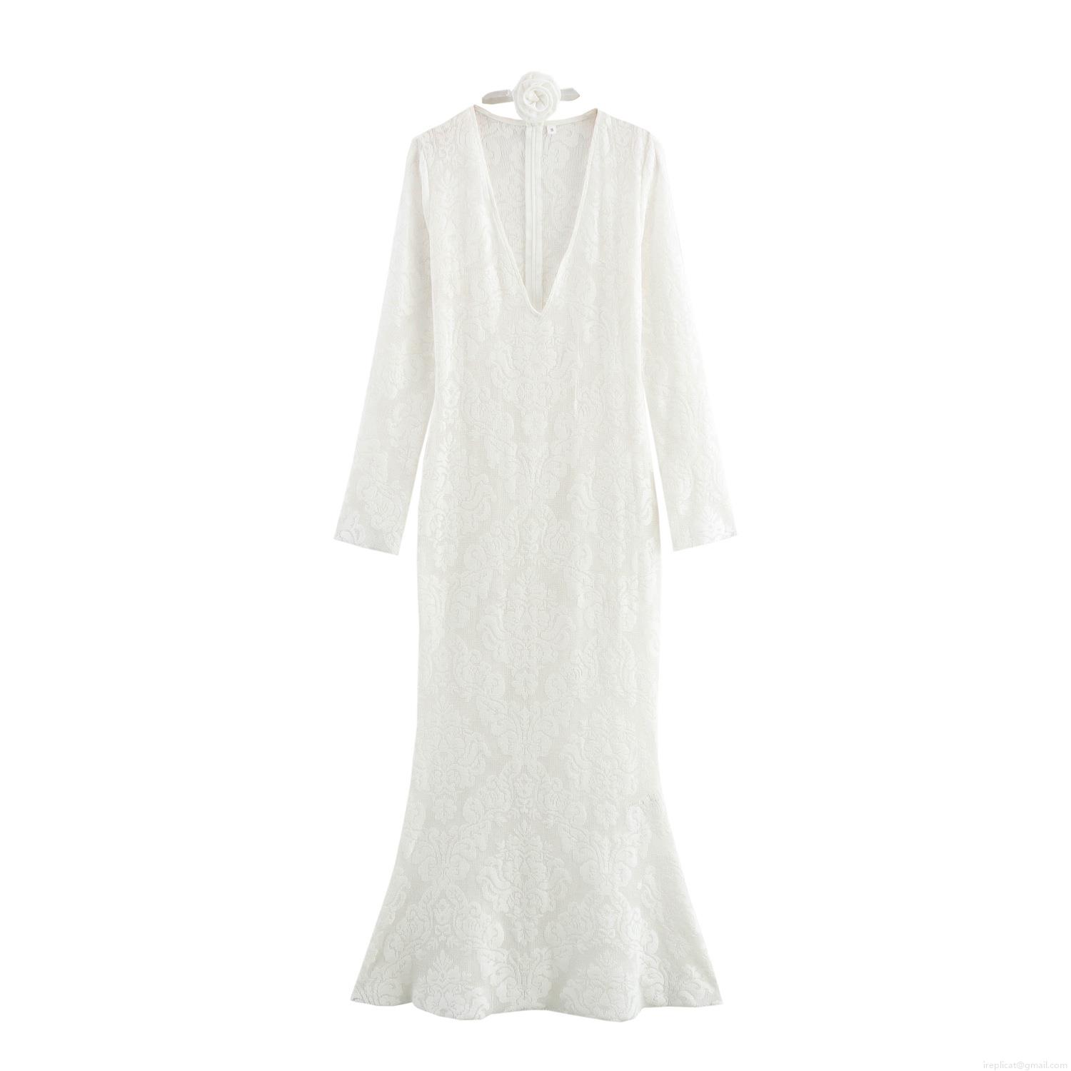 Elegant White Lace Mermaid Maxi Dress With Flower Choker V Neck Long Sleeve Slim Fit Bodycon Evening Gown For Women Wedding Party Prom