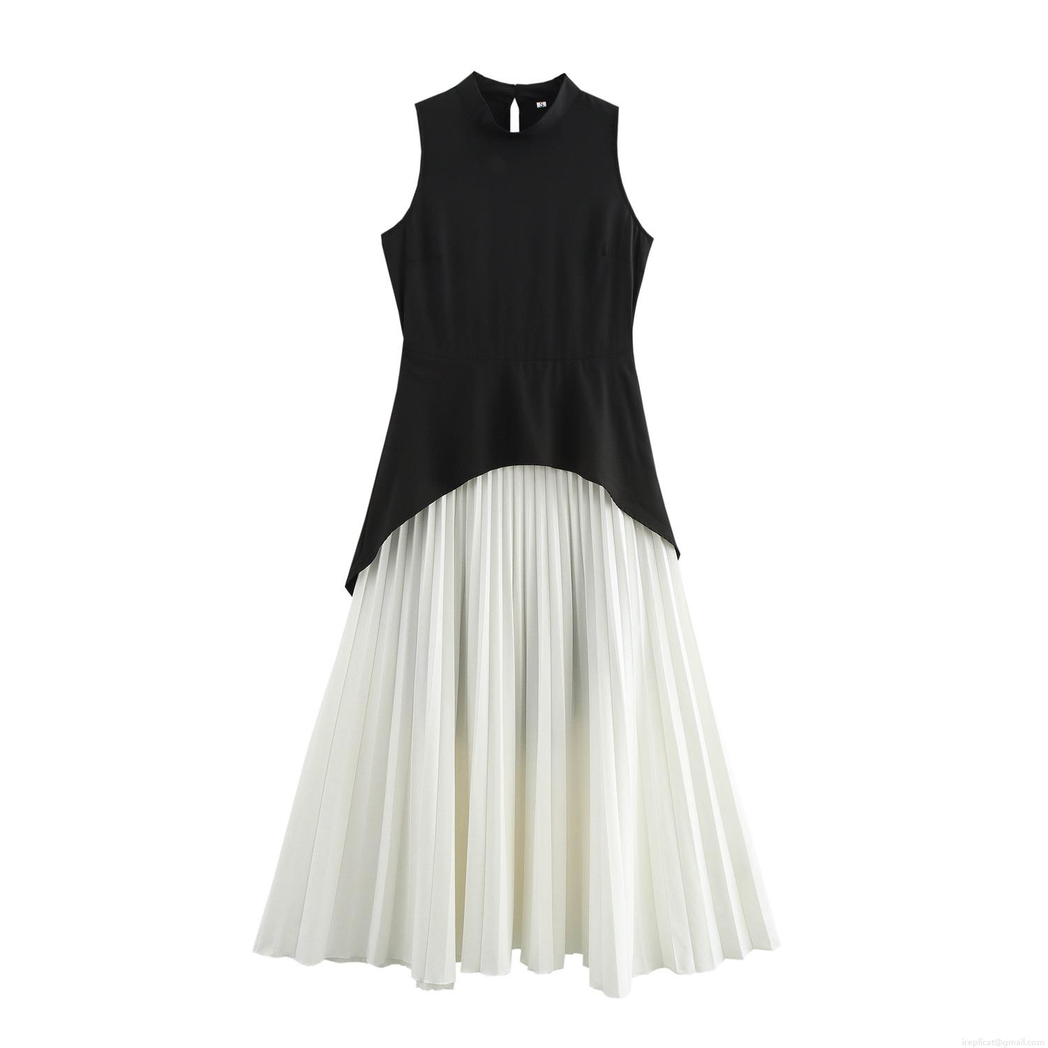 Elegant Patchwork Maxi Dress For Women Sleeveless V-Neck Pleated Fake Two-Piece Long Dress French Retro Style High Waist Polyester Gown For Party Daily Evening Vacation