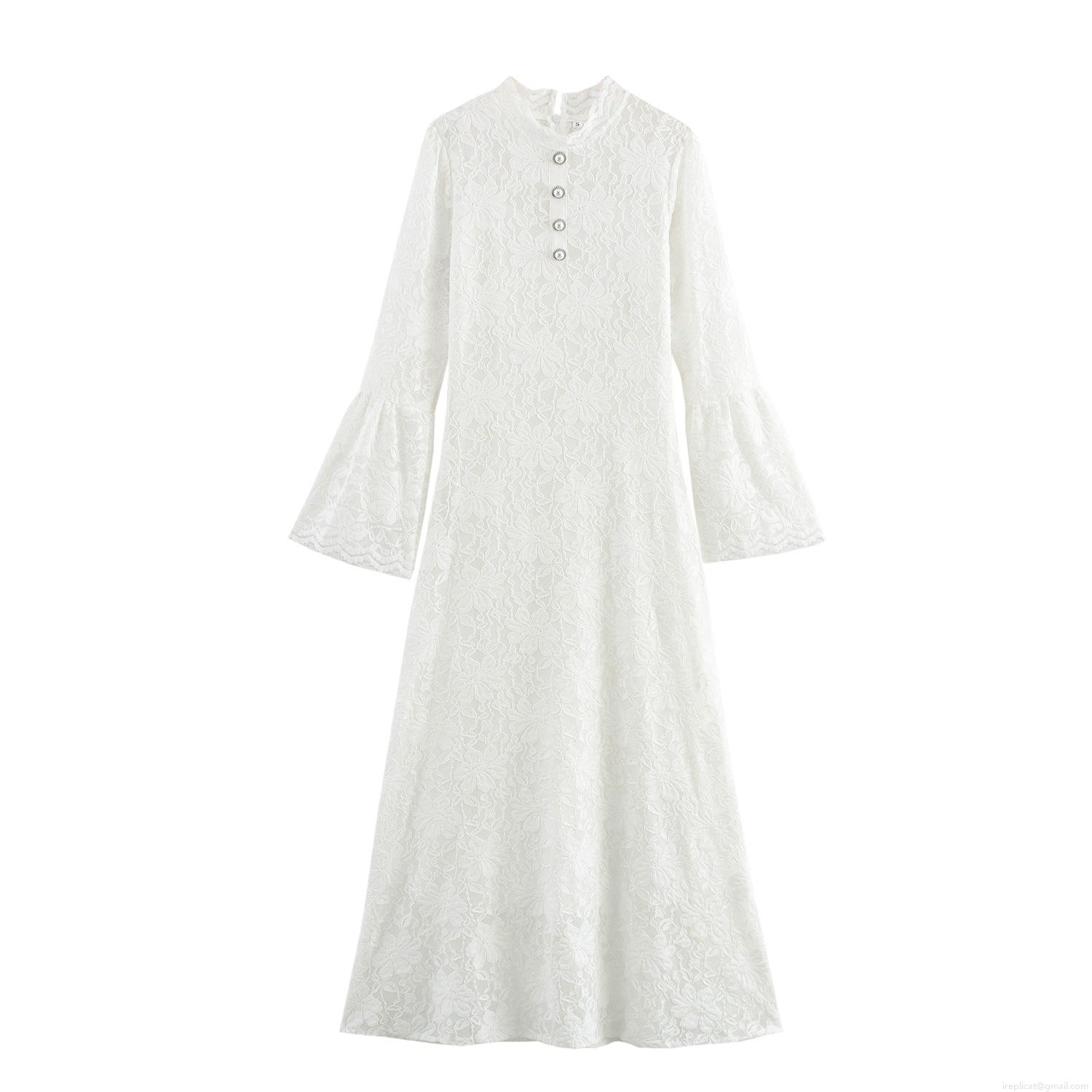 Elegant Women's White Floral Lace Maxi Dress High Waist Slim Fit Flare Long Sleeve Evening Party Wedding Guest Long Skirt With Pearl Buttons