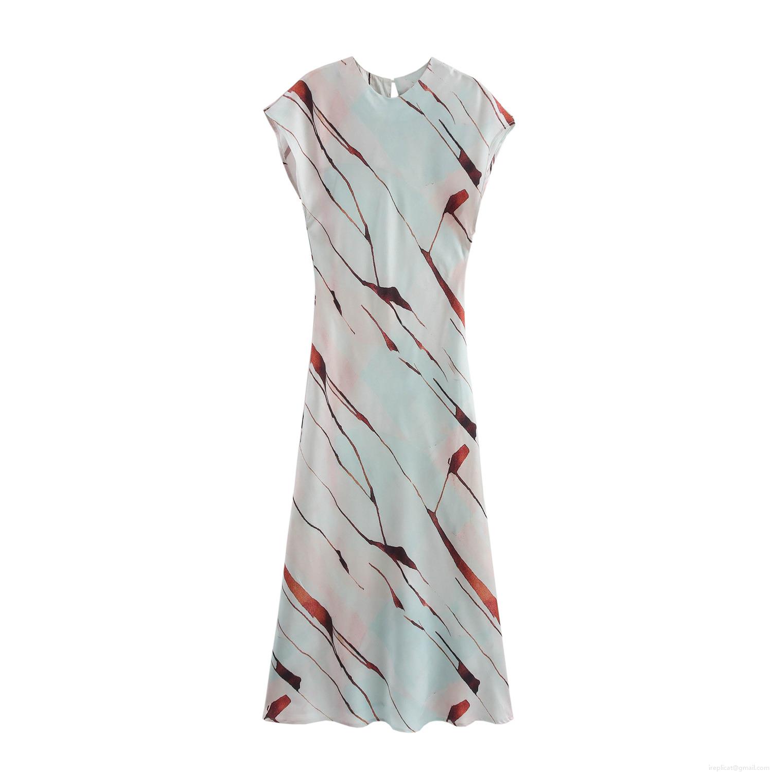 Elegant Satin Abstract Marble Print Maxi Dress Sleeveless Round Neck High Waist Slim Long Dress for Women Evening Party Daily Fashion