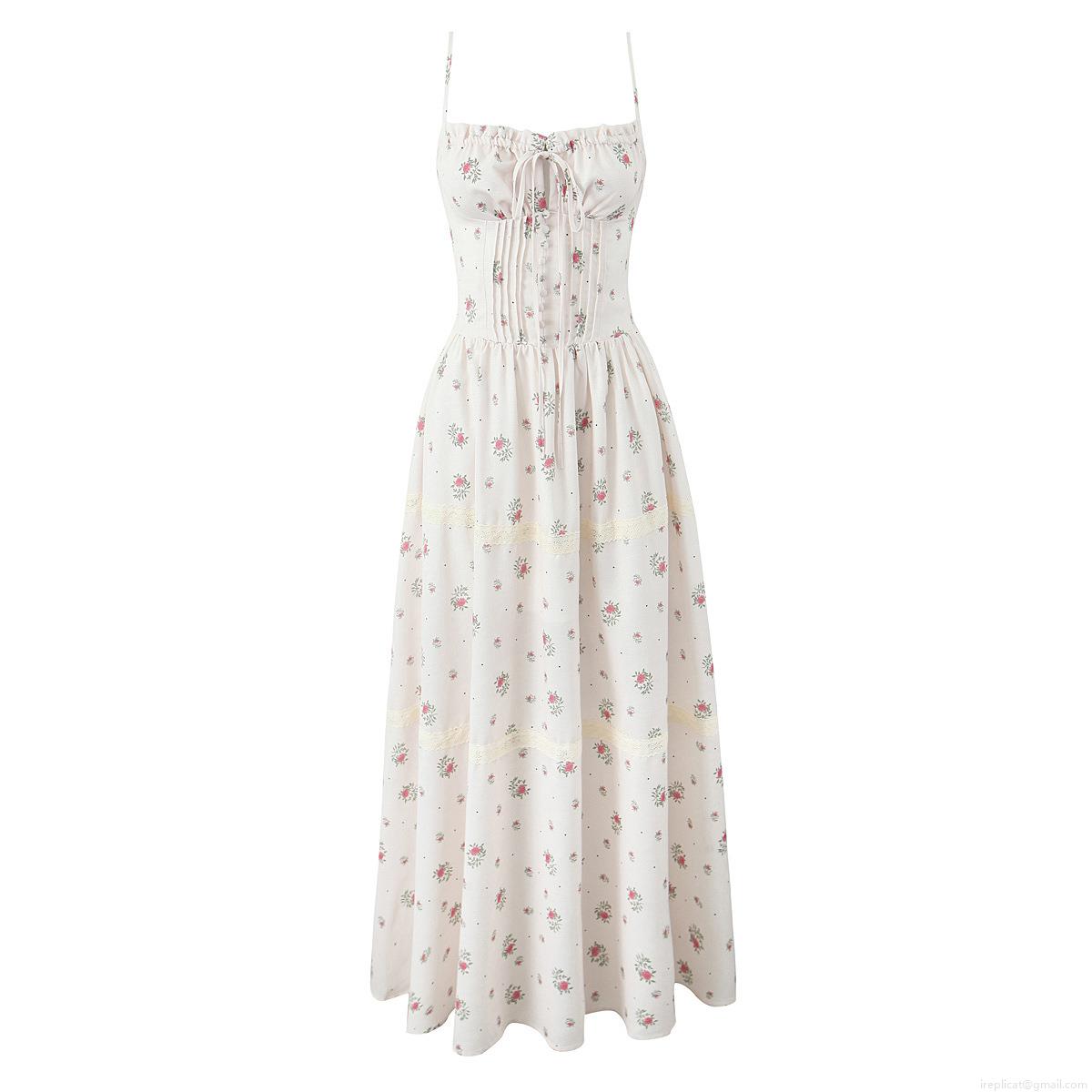 French Sweet Lace Patchwork Floral Maxi Dress Sleeveless Drawstring Waist Strappy Long Dress For Women Summer Vacation Party Retro Style