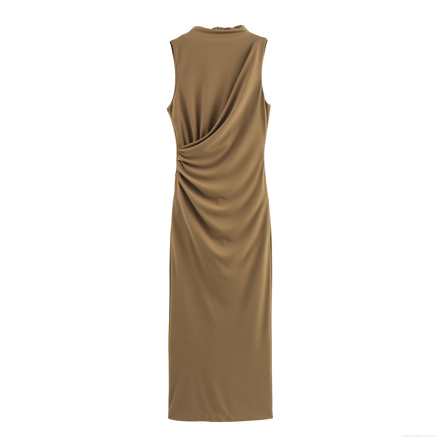Women's Sleeveless Ruched Maxi Dress Sexy Slim Fit Mock Neck Knitted Evening Party Long Dress Elegant Bodycon Pleated Dress For Ladies