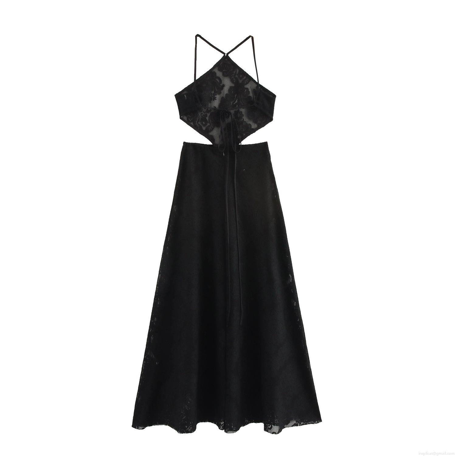 Women Sexy Black Lace Hollow Out Maxi Dress Halter Backless Crochet Mesh Beach Long Dress For Summer Vacation Party