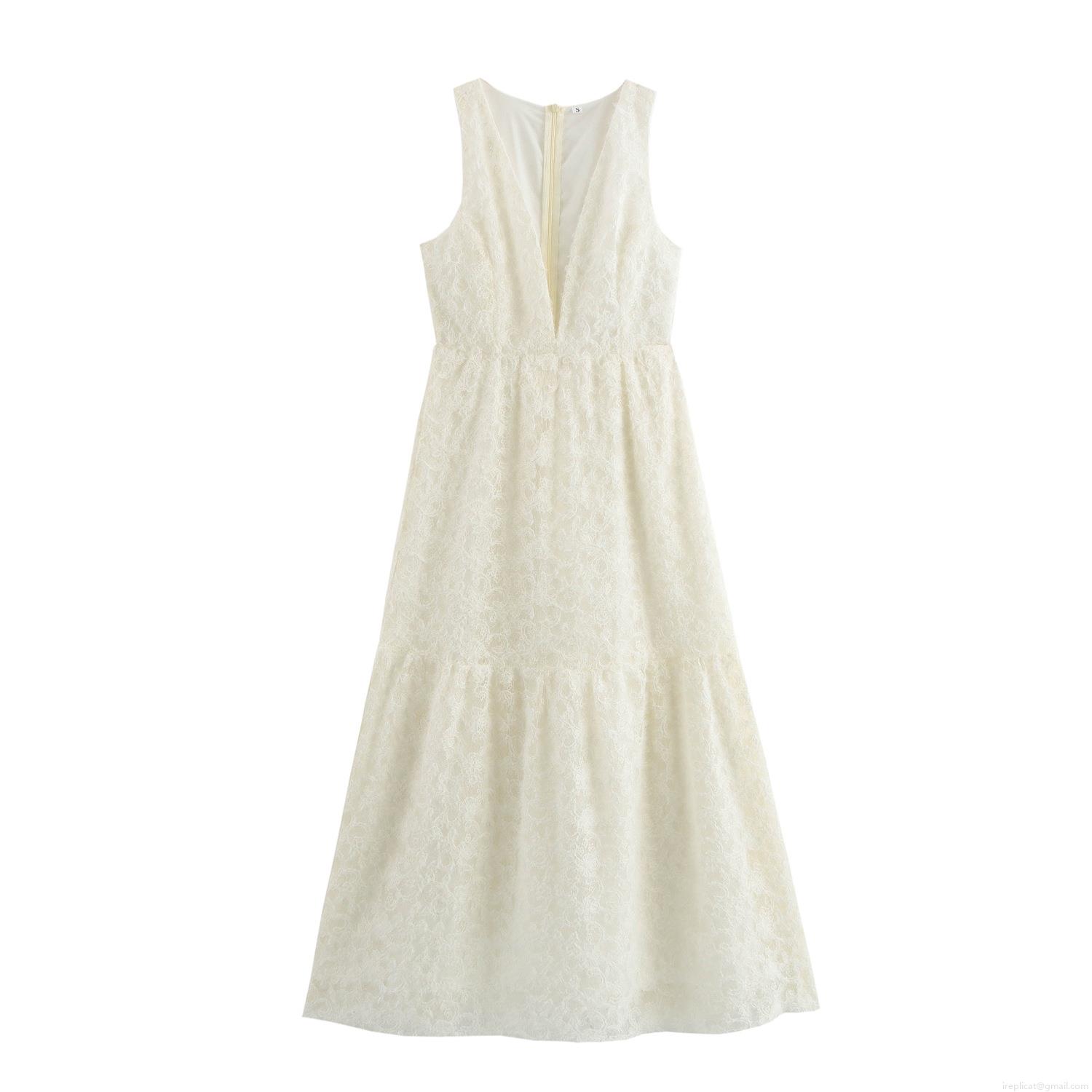 Elegant French Deep V Neck Sleeveless Lace Maxi Dress With Polyester Lining Back Zipper A-Line Long Party Dress For Women Wedding Guest Evening Event