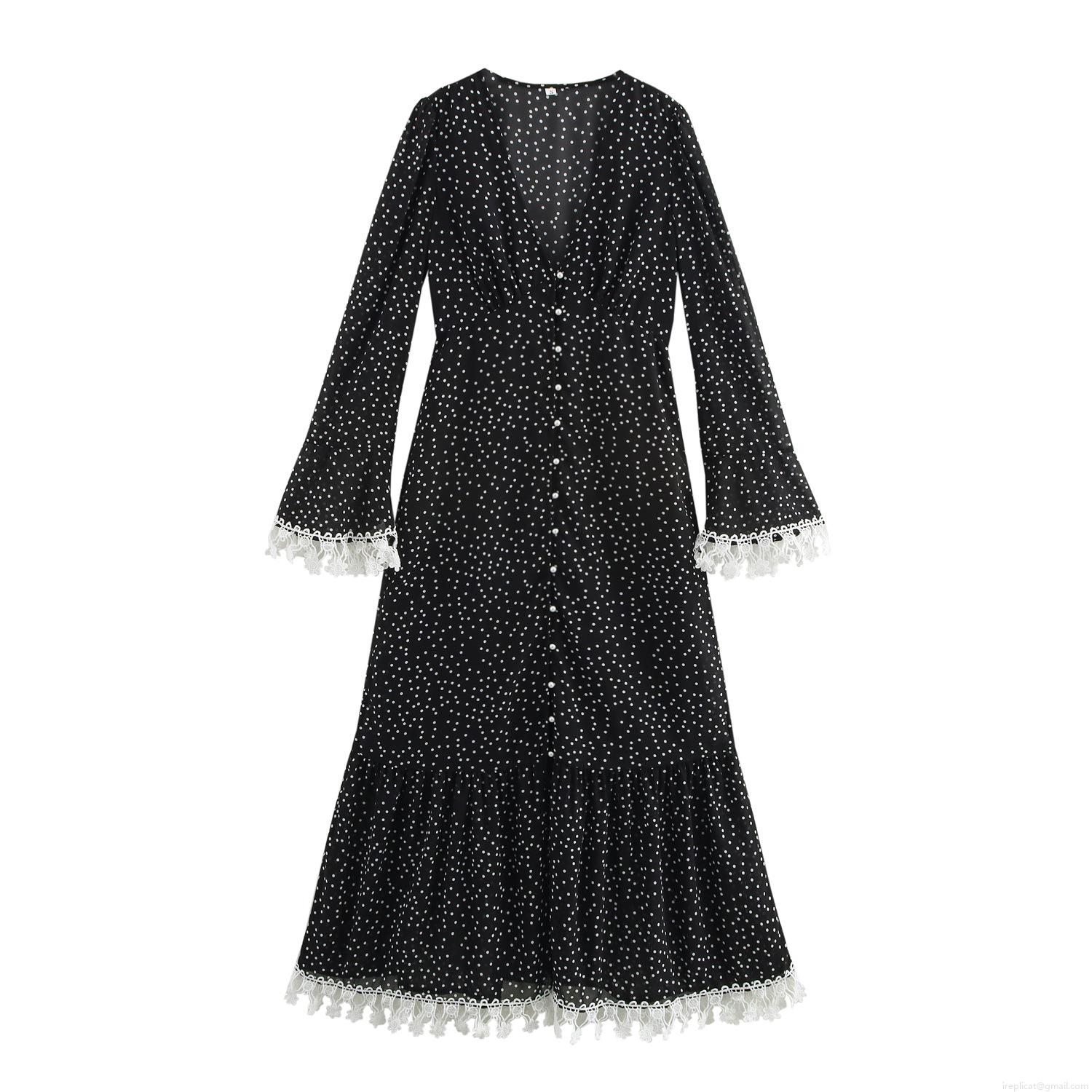 Women's French Elegant Polka Dot V-Neck Maxi Dress With Lace Trim And Pearl Buttons Long Sleeve Polyester Vintage Slim Fit Dress For Ladies