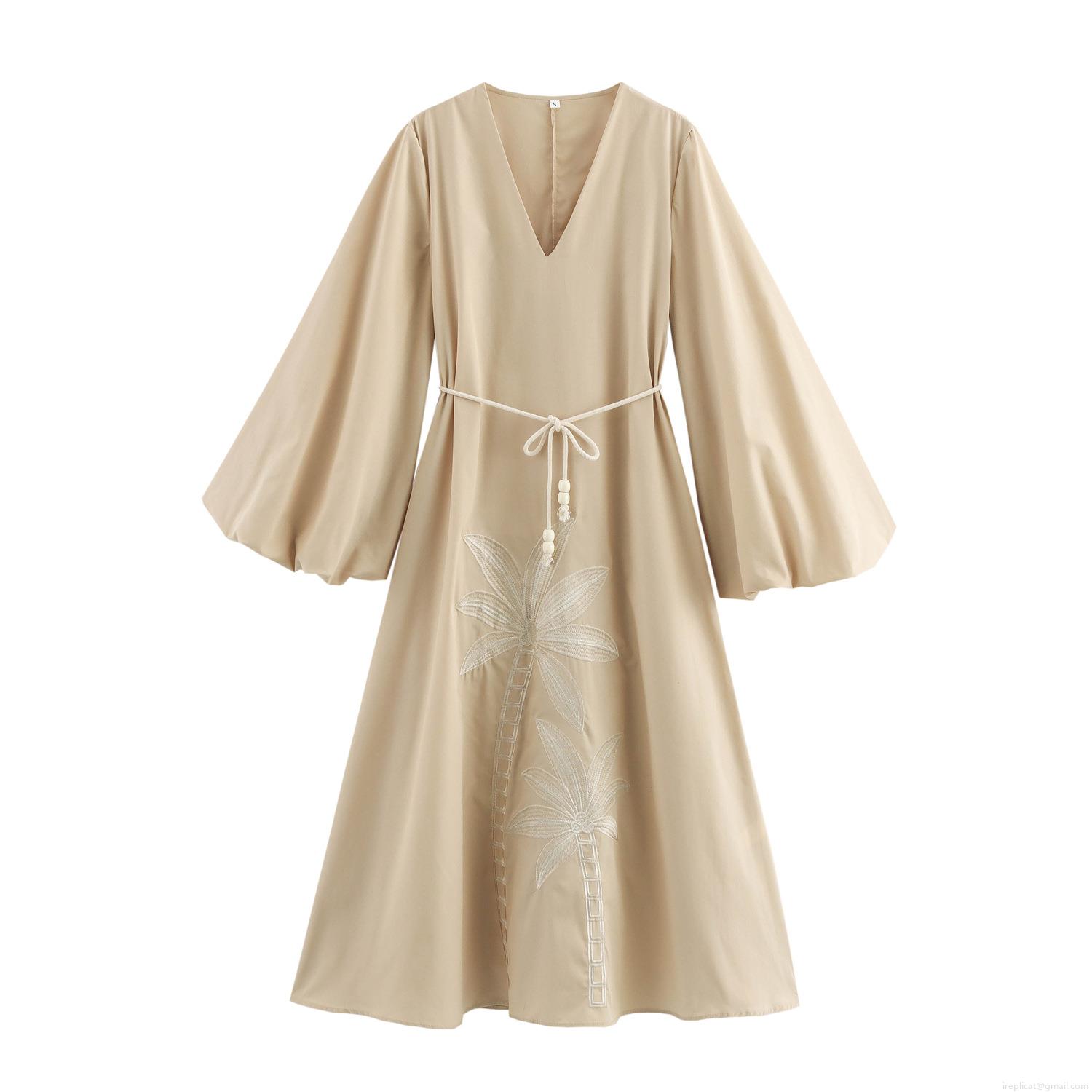 Women's Vacation Embroidered V-Neck Maxi Dress With Lantern Sleeves And Beaded Belt Boho Palm Tree Pattern Elegant Long Sleeve Party Dress For Women