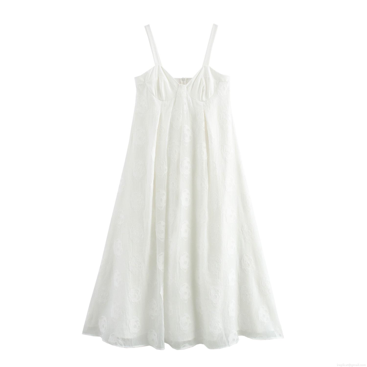 French Vacation Style Women White Jacquard Cami Maxi Dress Sleeveless High Waist Elegant Long Dress For Summer Beach Party Pure Desire Lady Gown