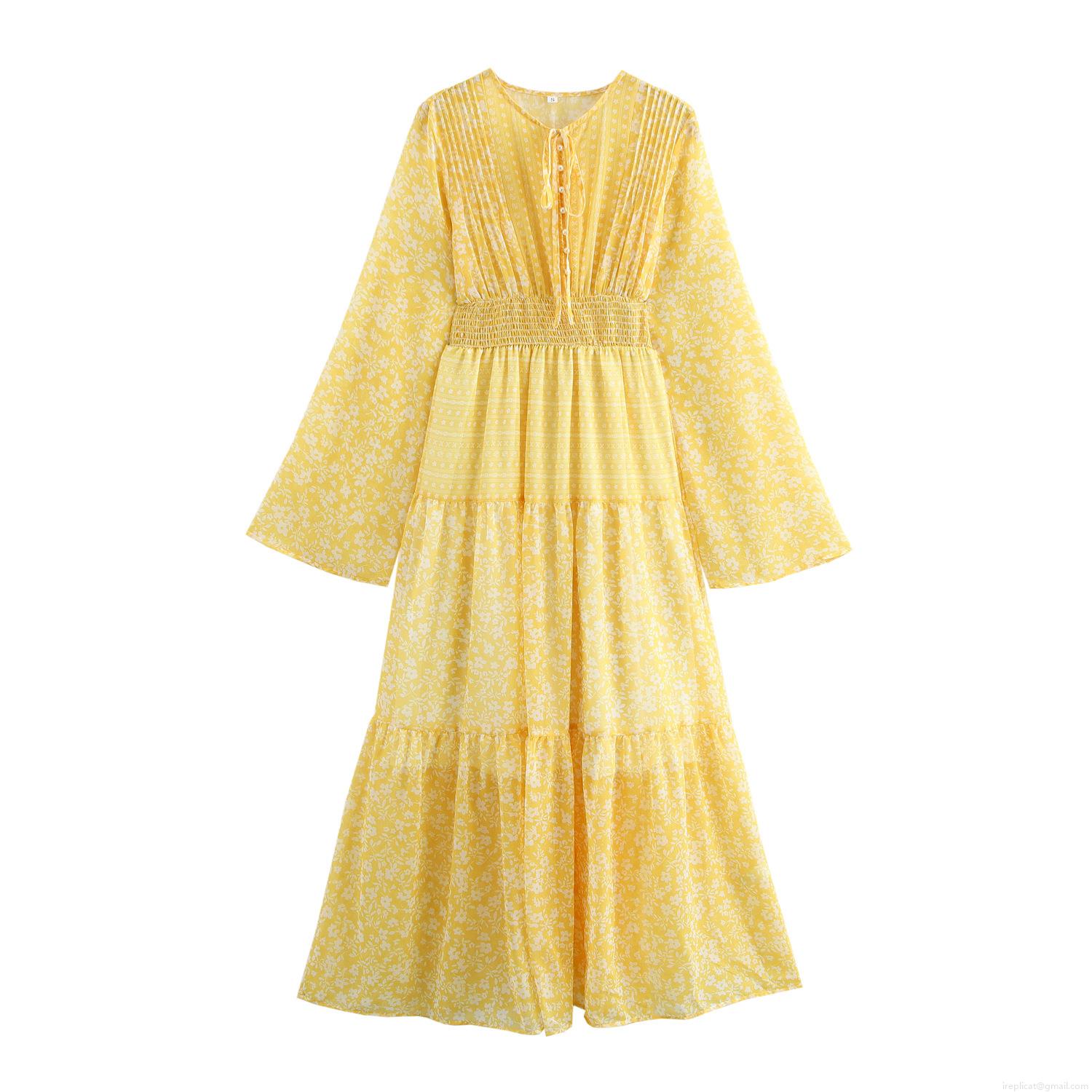 Women Vintage French Floral Print Maxi Dress Elegant V-Neck Long Sleeve Polyester Chiffon Tiered Ruffle High Waist Bohemian Tea Break Long Dress For Vacation Party Women